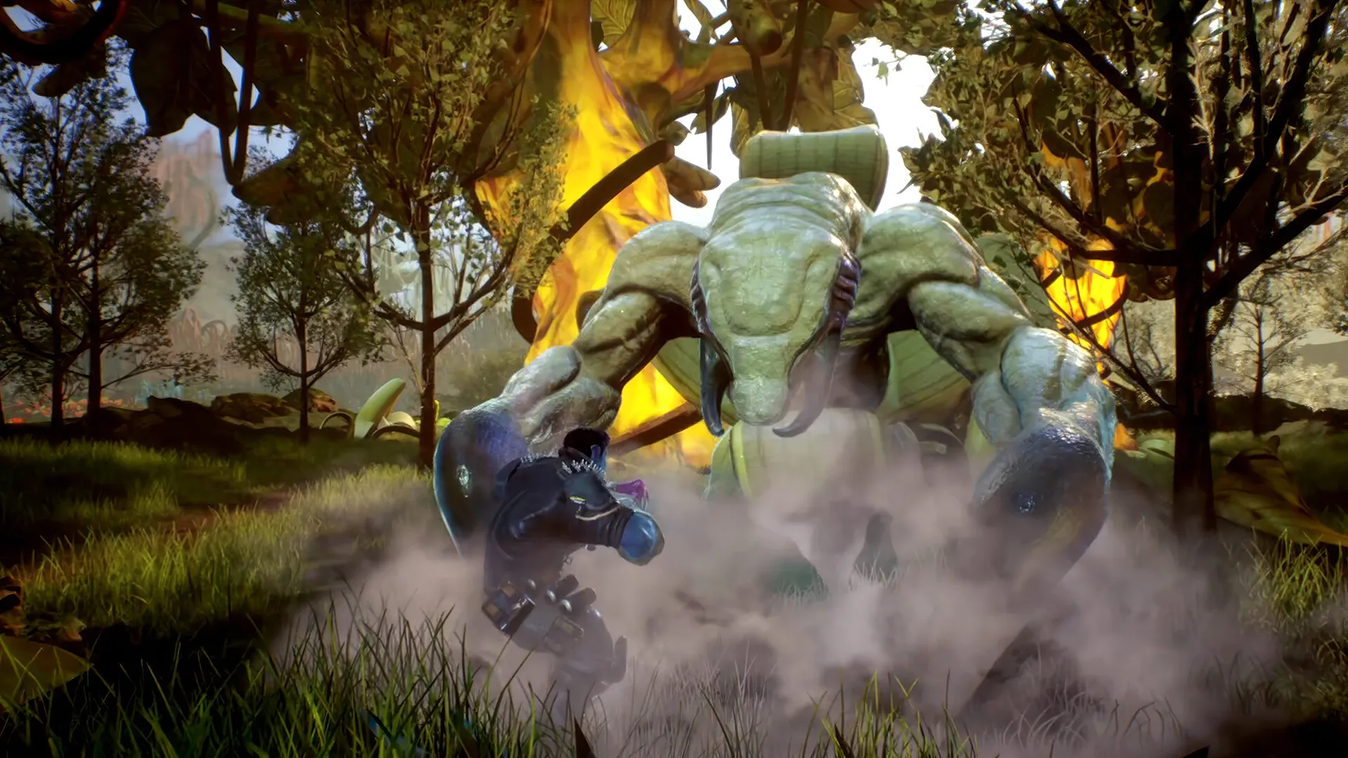 HANGRY™: Hangry battles a massive alien beast in a vibrant forest with smoke and sunlight filtering through.