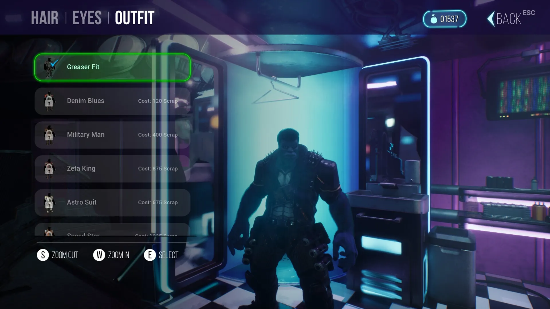 HANGRY™: Outfit selection screen with Hangry in a futuristic wardrobe room illuminated by neon lights.