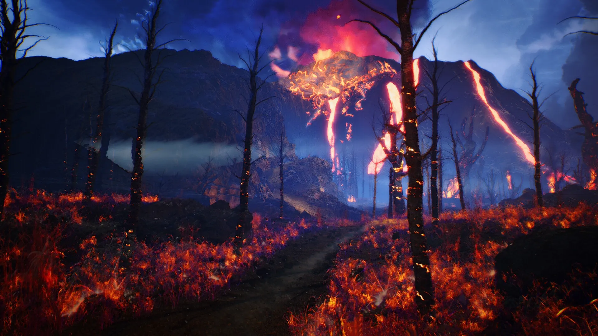 HANGRY™: Fiery landscape with a path leading towards erupting volcano under a dramatic sky.