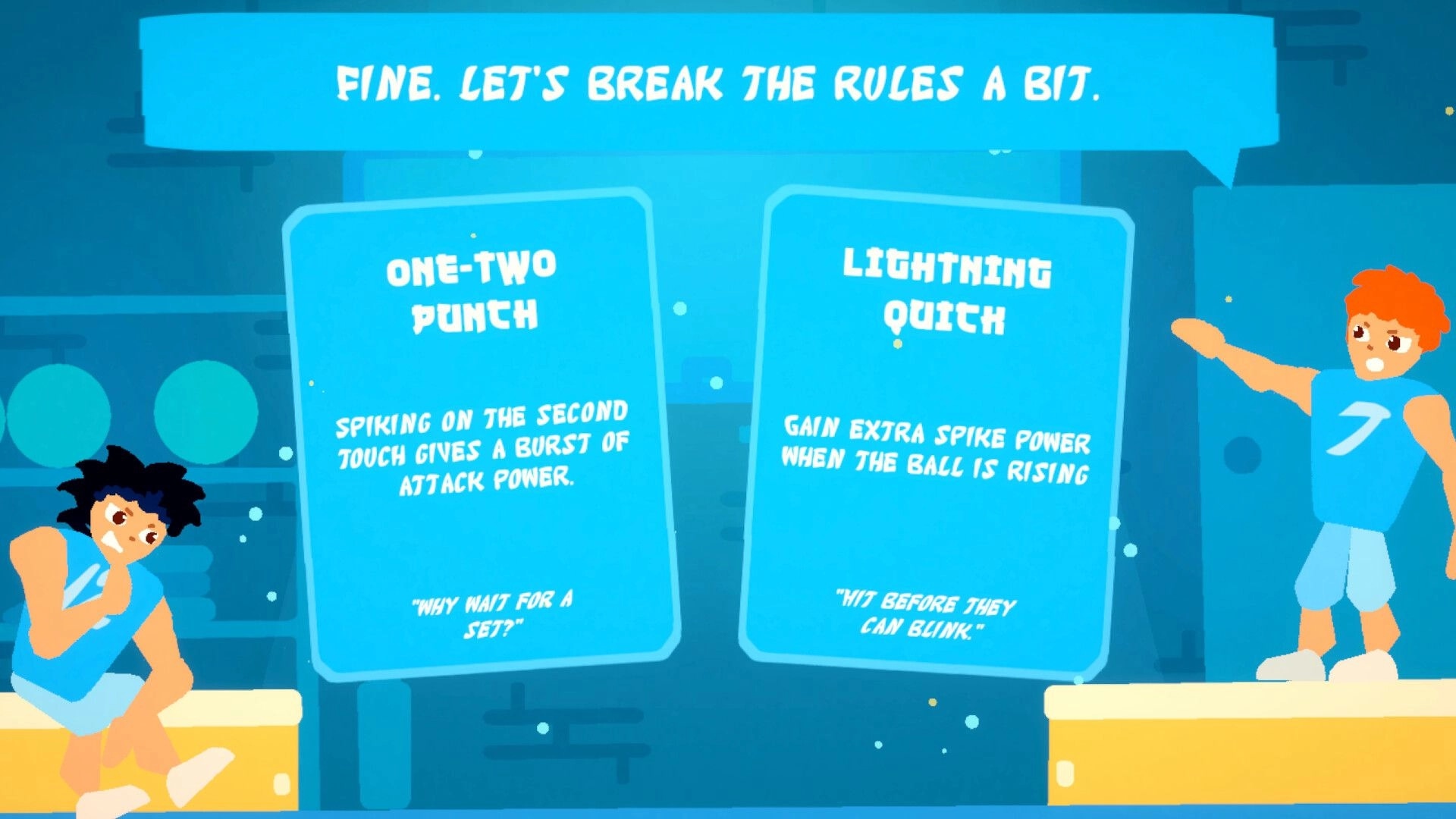 Hangtime!: Characters discuss "One-Two Punch" and "Lightning Quick" skill cards in a blue-themed menu.
