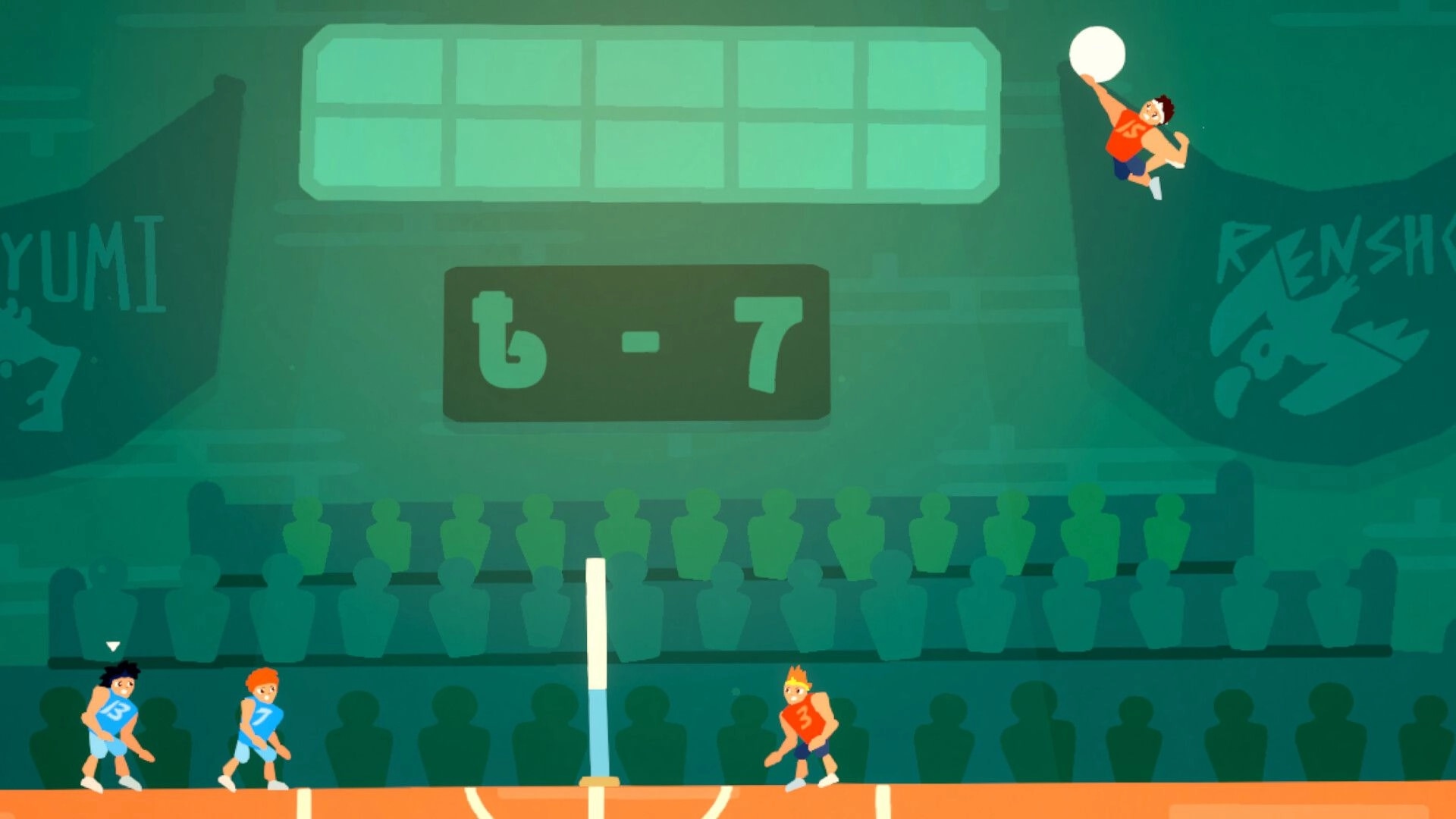 Hangtime!: Player spikes ball mid-air above volleyball court, score 6-7, audience in background