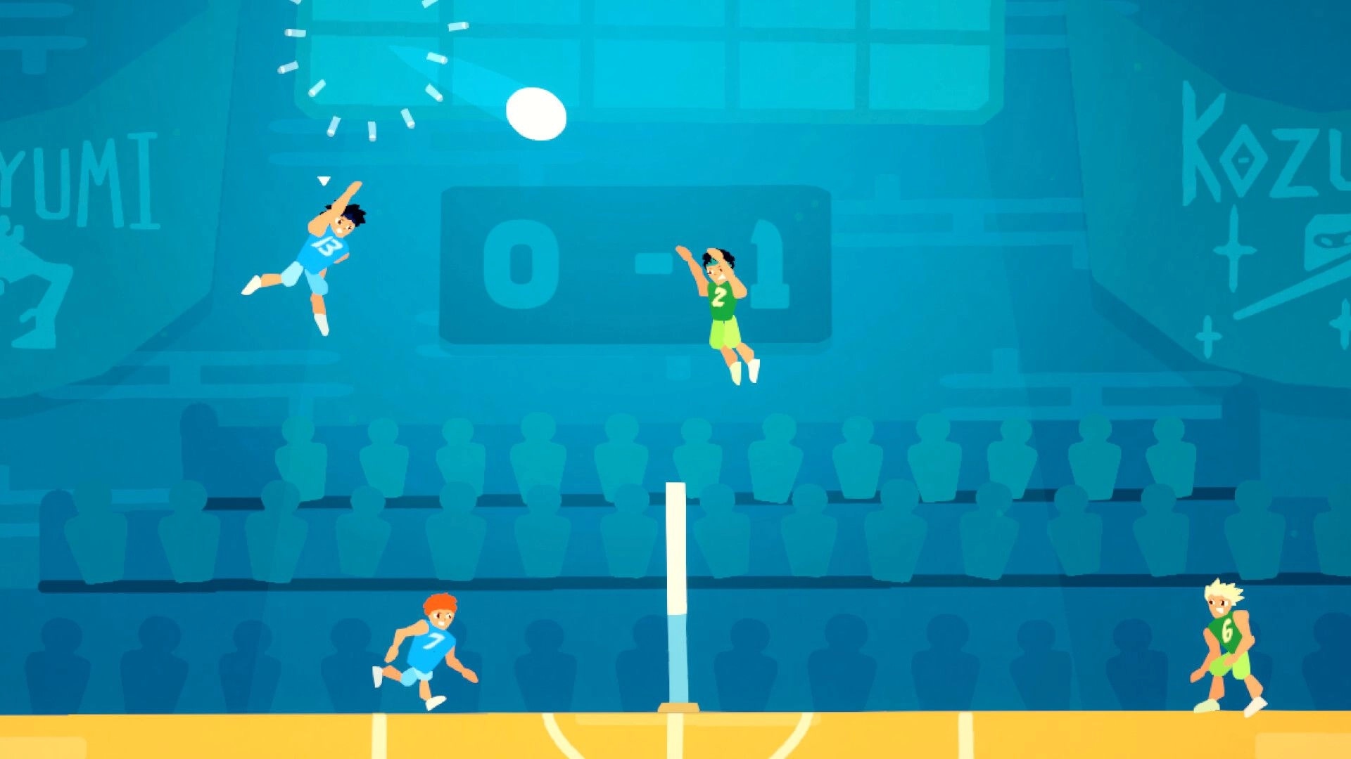 Hangtime!: Two players leap mid-air for the ball in a vibrant gym with a 0-1 score on the scoreboard.