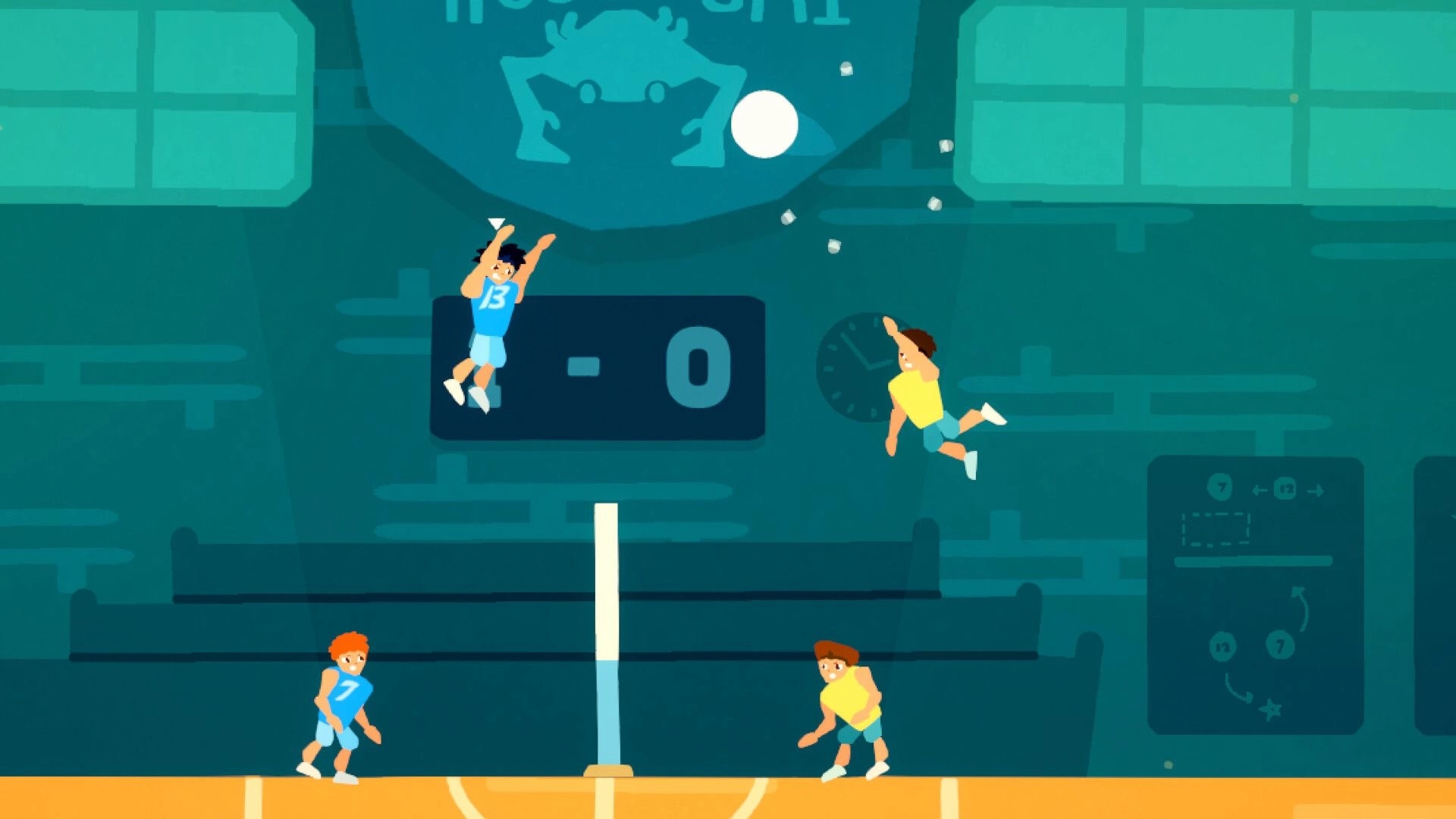Hangtime!: Two players leaping for a volleyball in mid-air over a net, with a scoreboard in the background.