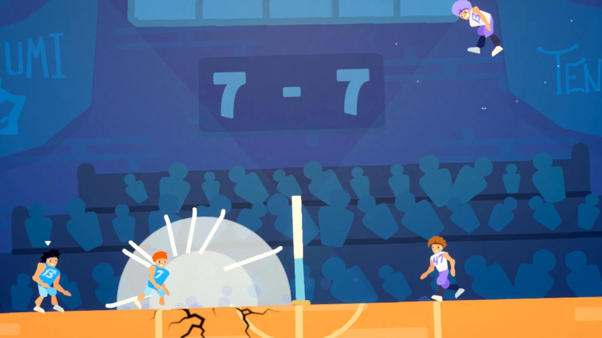 Hangtime!: Intense volleyball rally with players and explosive effects in a packed stadium, score tied 7-7