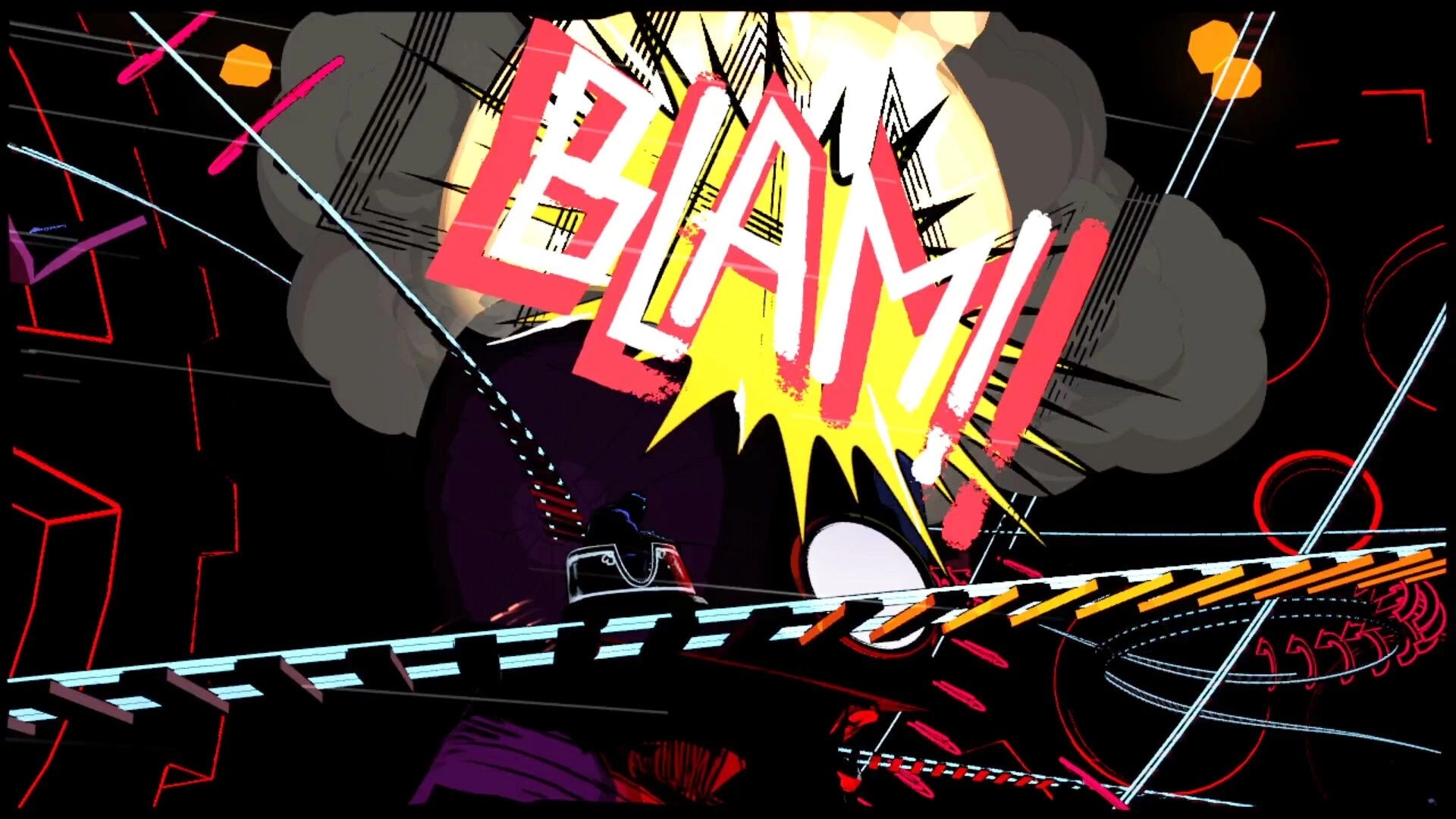 Hank: Comic-style explosion with "BLAM" text in dynamic action scene with vibrant lines and shapes