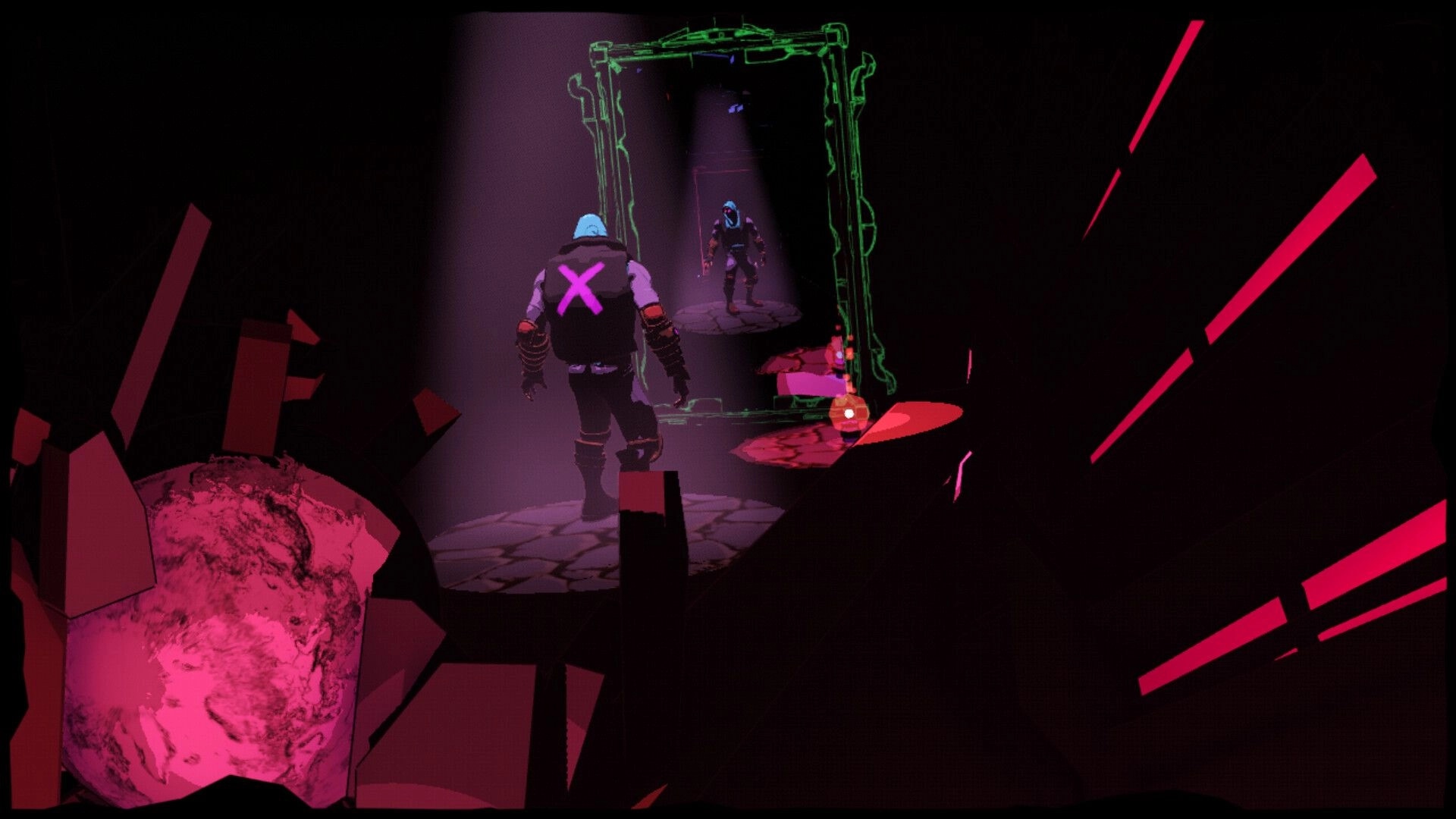 Hank: Walking towards a glowing green portal in a dark room with shattered pink debris.