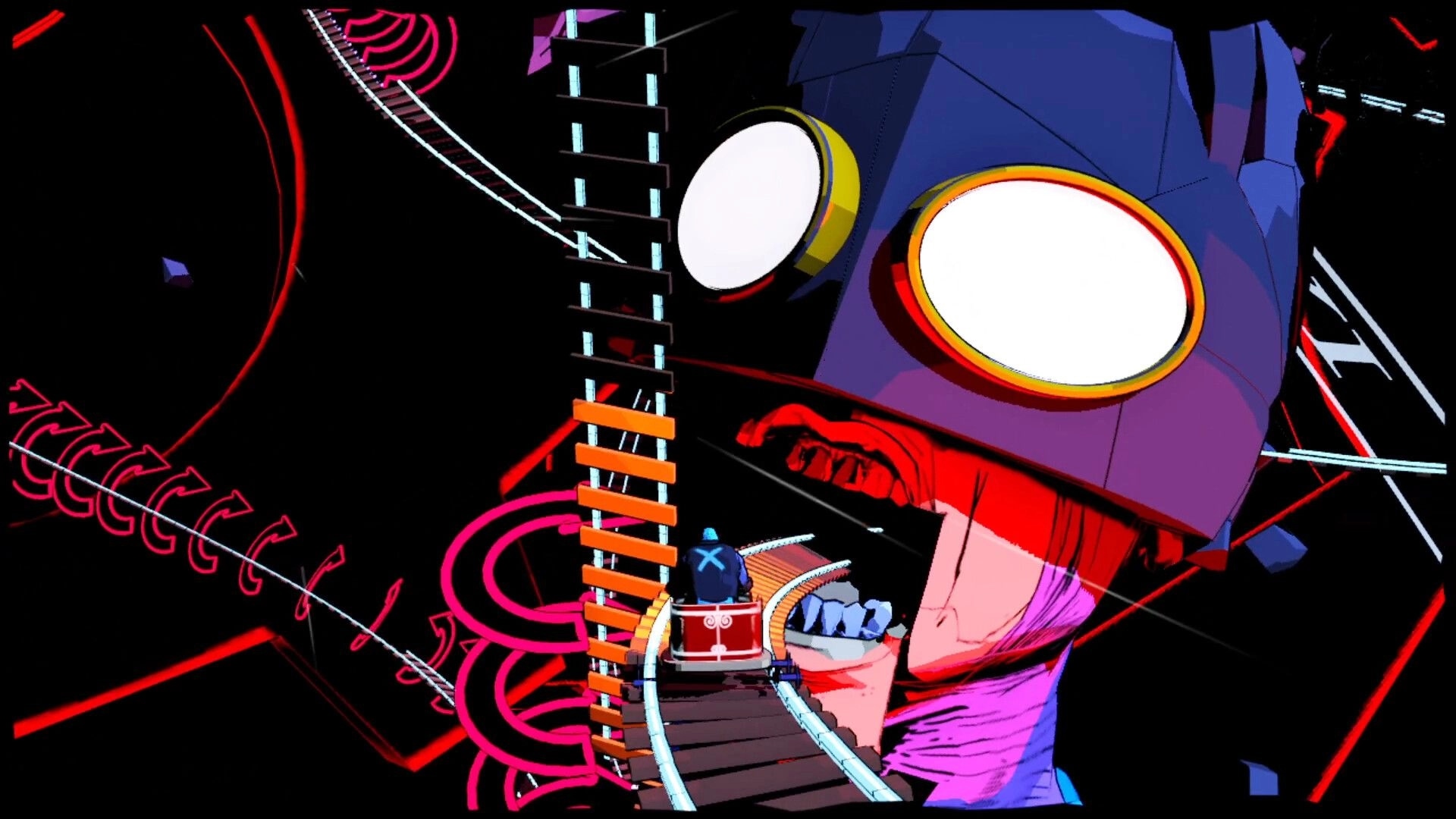 Hank: Riding a roller coaster towards a giant mechanical face in a surreal, colorful comic world