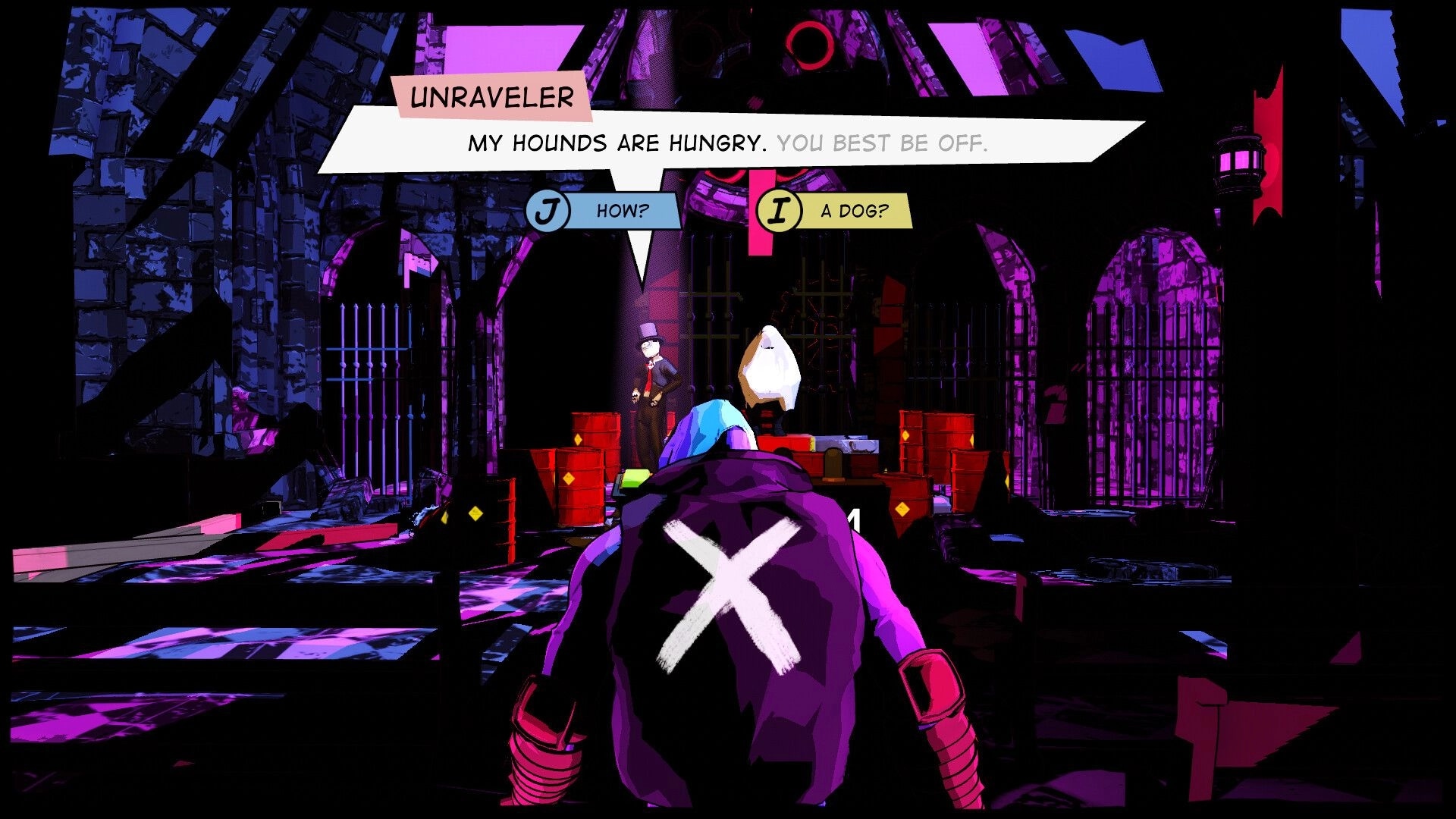 Hank: Confronting The Unraveler in a dimly lit dungeon with dialogue options and comic book style visuals.