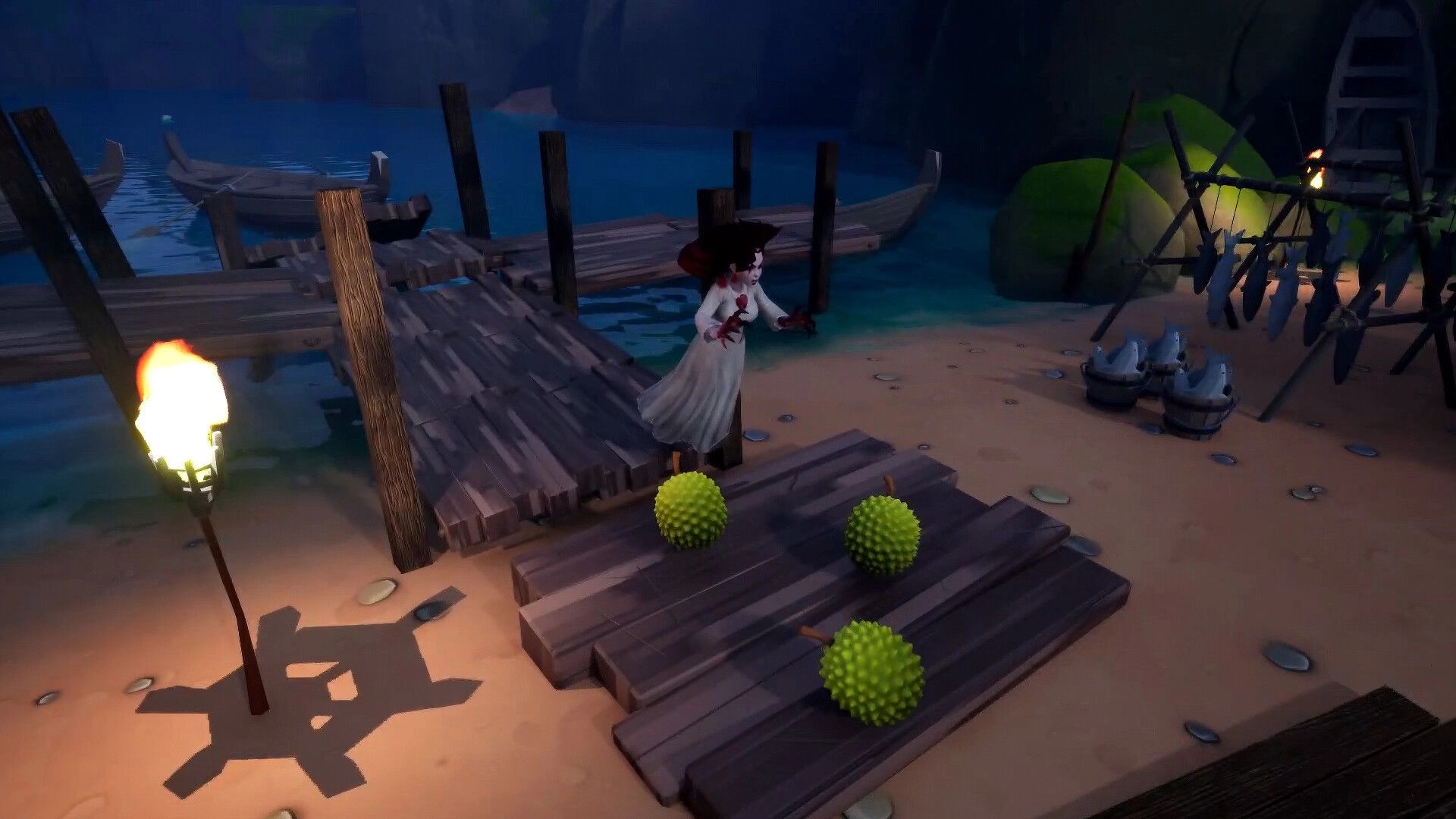 Hantu and Hunted: Ghostly woman prowls wooden dock beside fishing nets and torches at night shore.