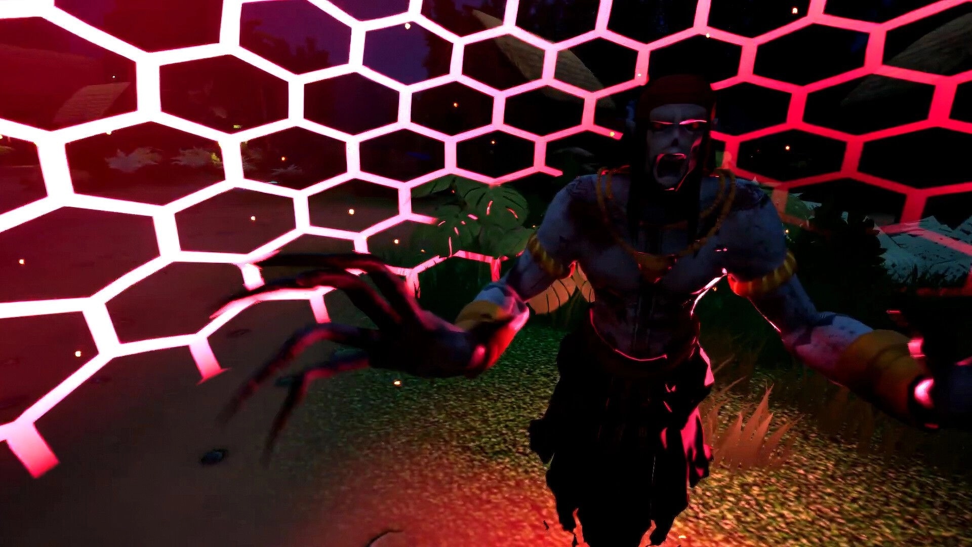 Hantu and Hunted: Ghost lunges at player behind glowing red hex barrier in a dark jungle clearing.