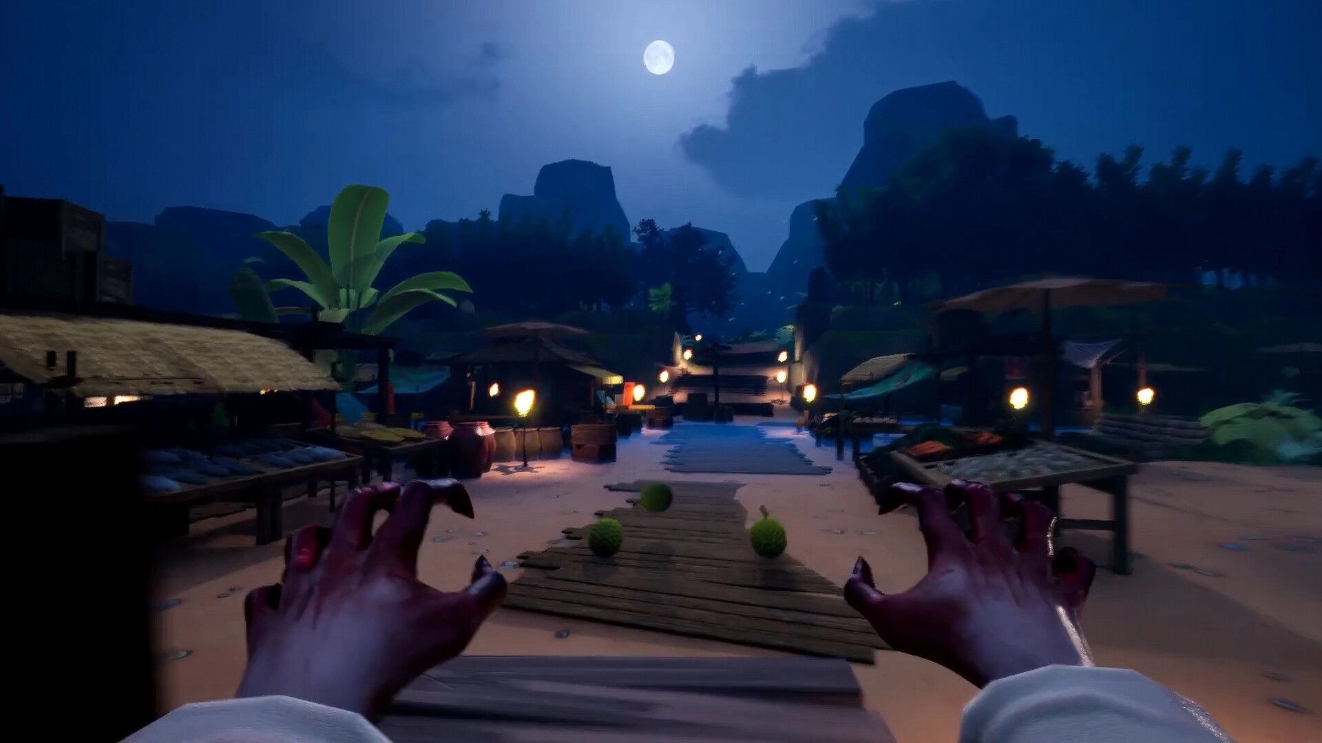 Hantu and Hunted: First-person ghost claws stalking a moonlit village market with lanterns and huts.