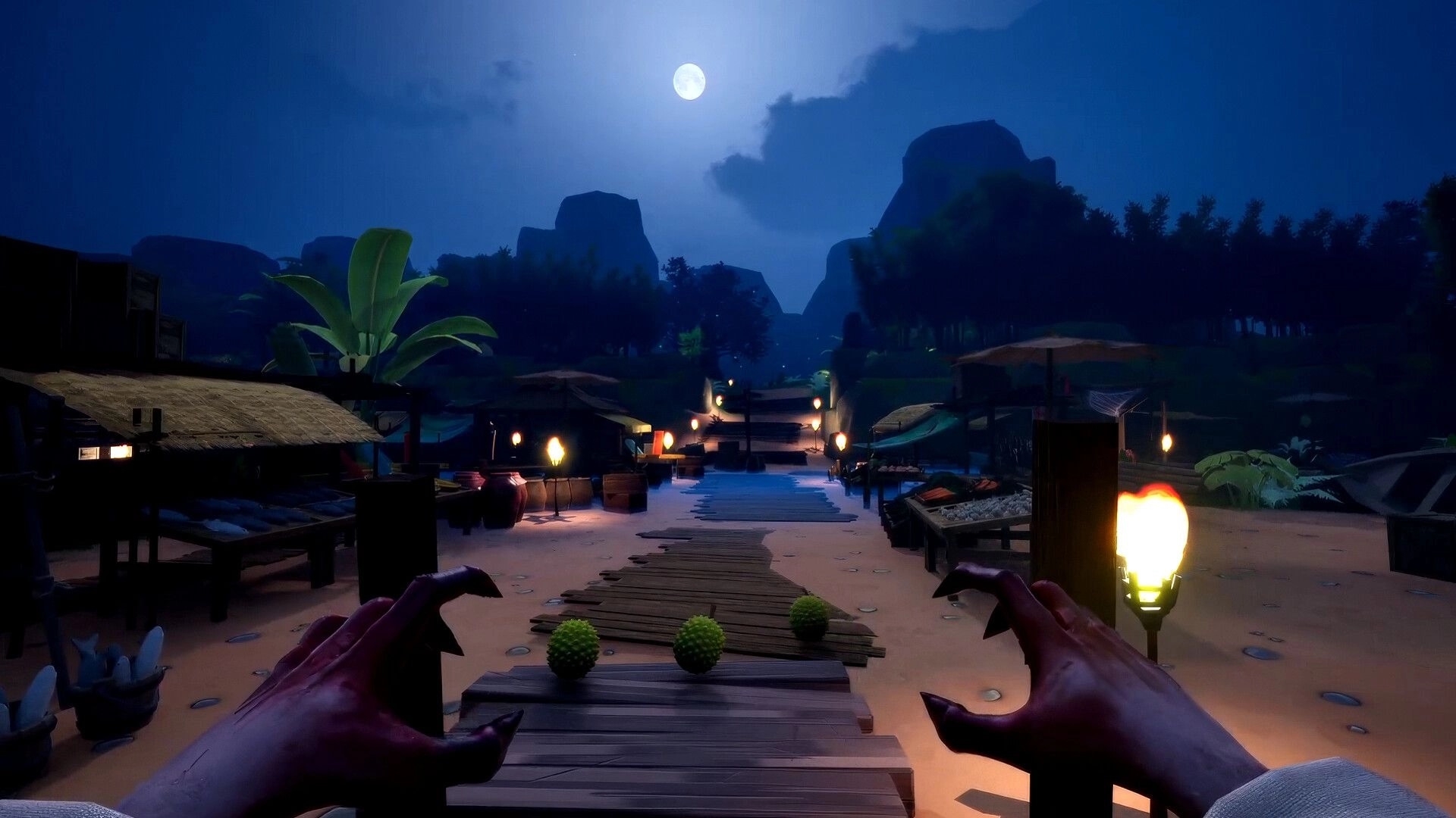 Hantu and Hunted: First-person ghost claws on a torchlit beach village path under a full moon sky.