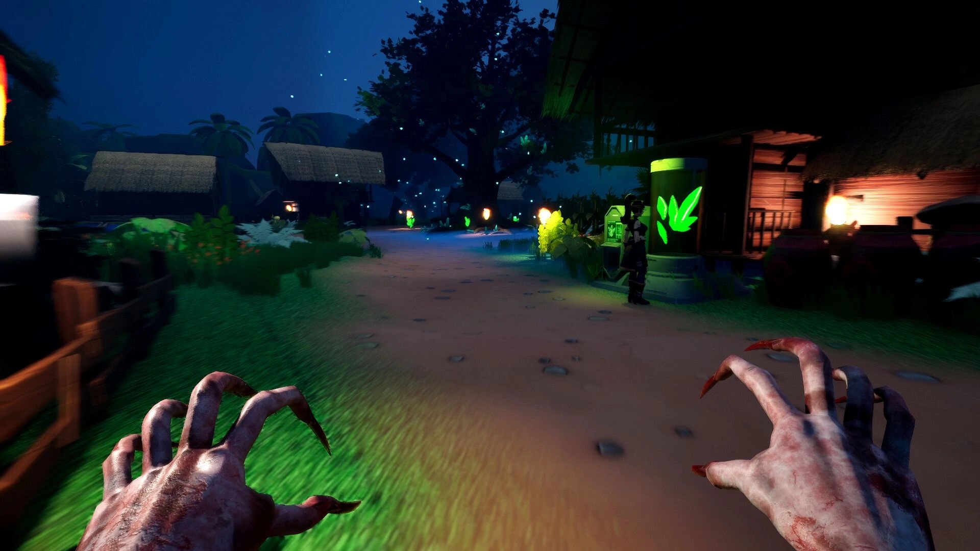 Hantu and Hunted: First-person ghost claws stalking a torchlit village path past huts at night.