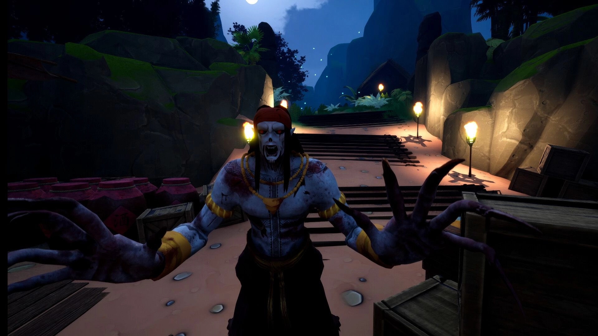 Hantu and Hunted: Fanged ghost lunges at camera on torchlit jungle path between rocky cliffs at night.