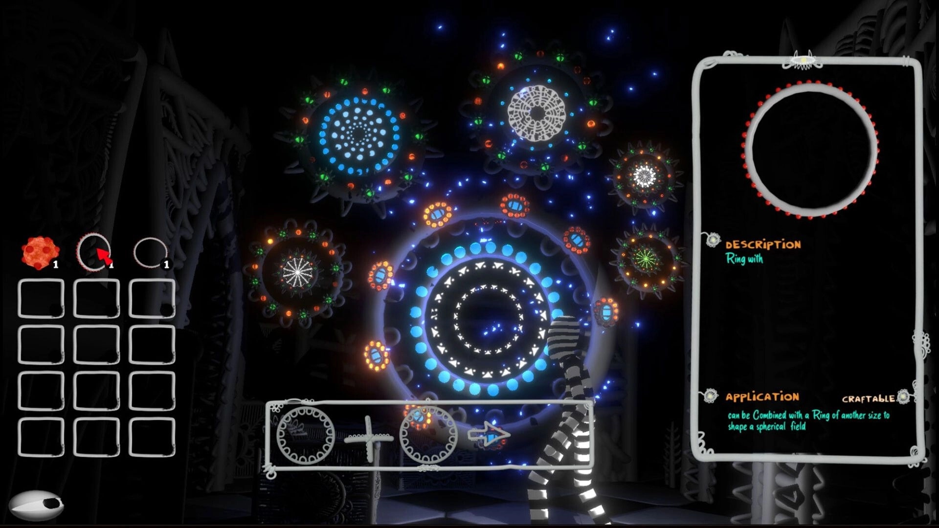 Haparoot: Character crafting rings in a dark room with glowing circular patterns and inventory UI visible.