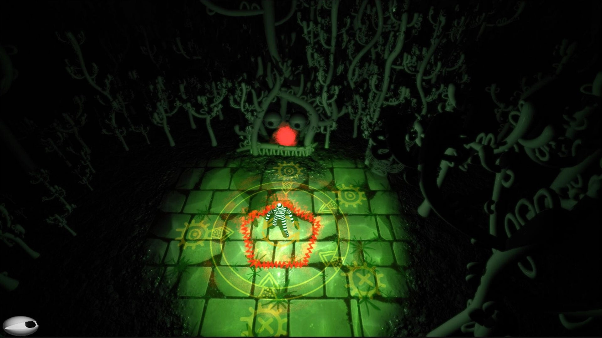 Haparoot: Character stands on glowing tile pattern in dark forest, surrounded by twisted tree shapes