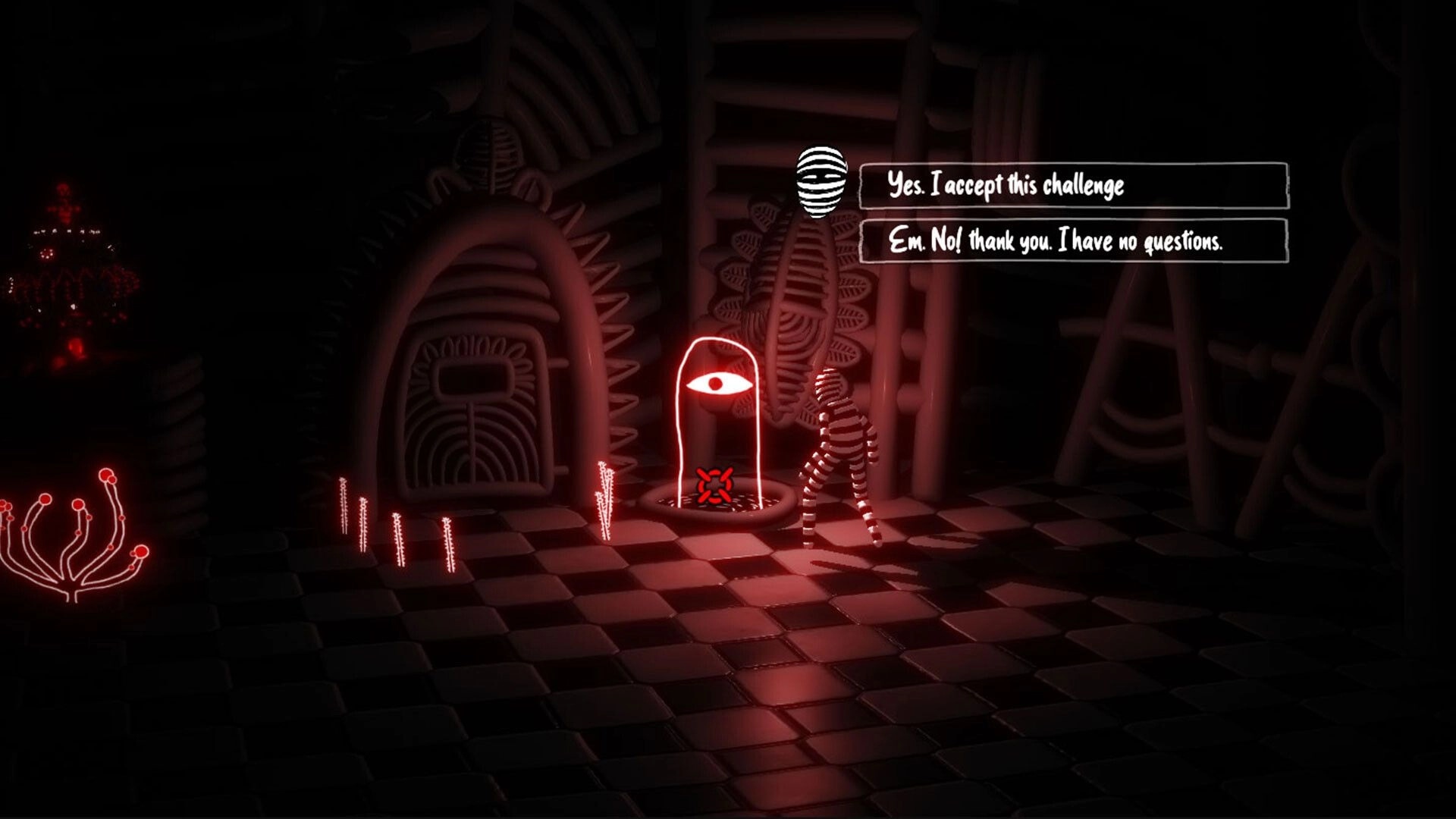Haparoot: Player interacts with glowing eye symbol in dark room, decision dialogue options displayed