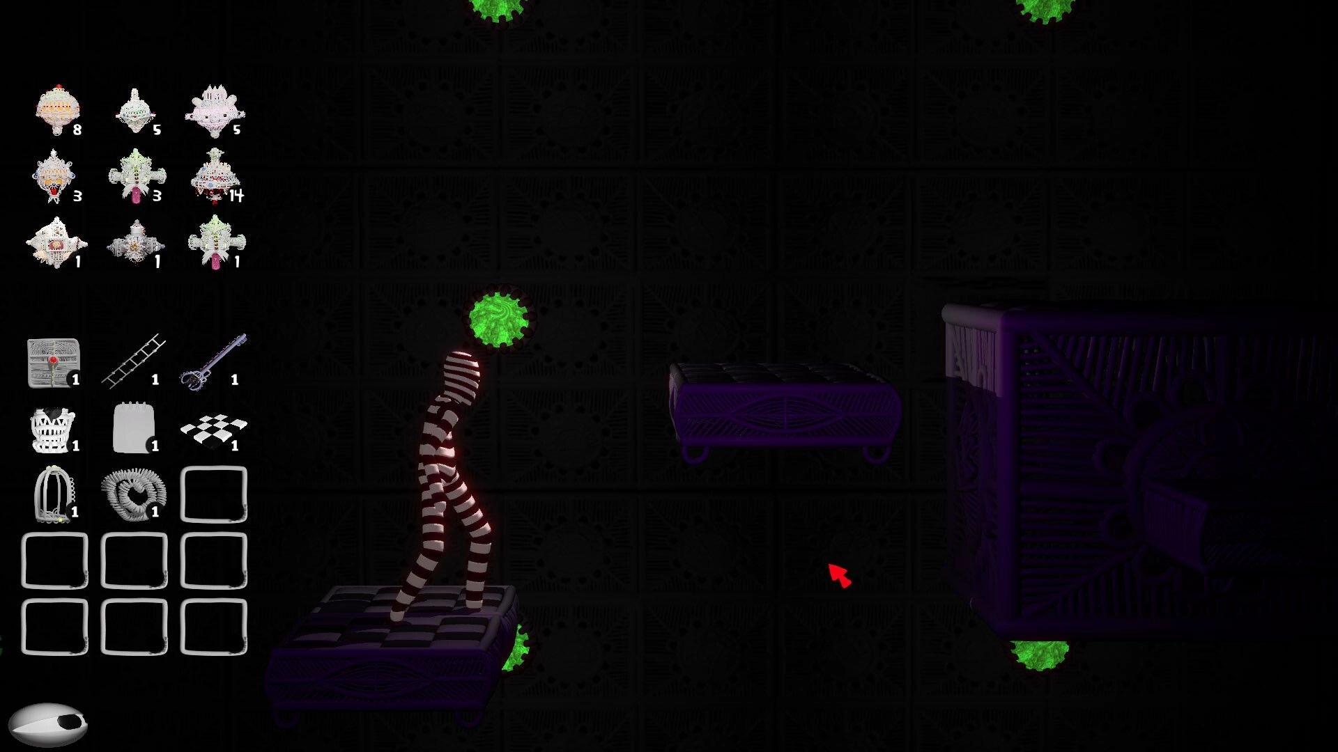 Haparoot: Character on purple platform with inventory menu open against a dark, patterned background