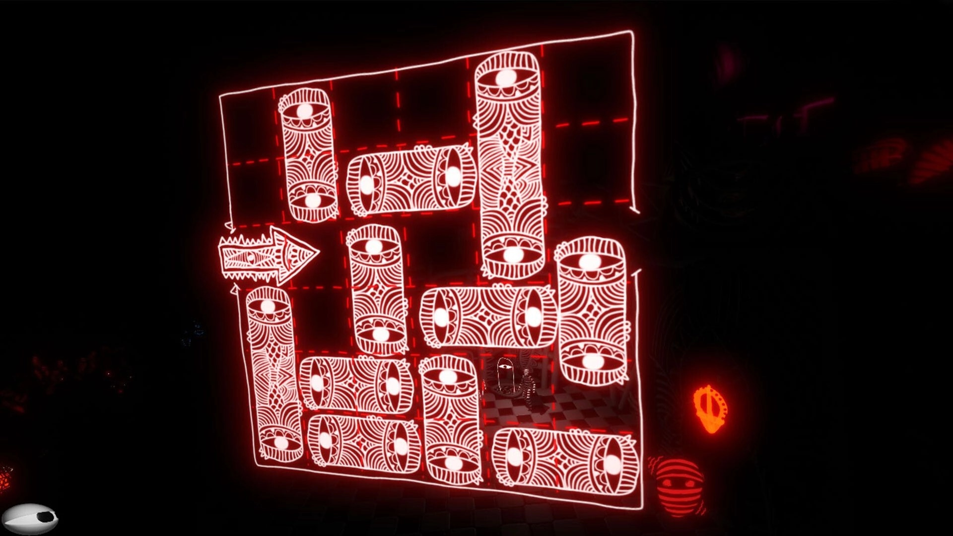 Haparoot: Neon-lit puzzle with arrow and eye motifs in dark environment, highlighting intricate design