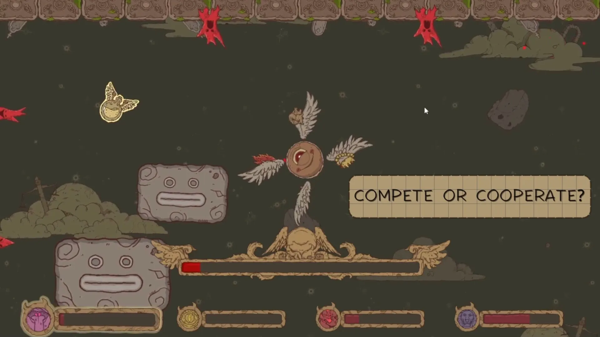 Haphazard Angel: Angel's wings balance scales and avoid red obstacles in a dark cavern setting