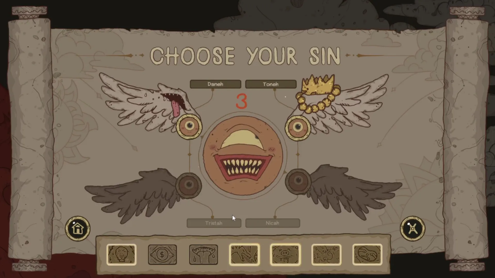 Haphazard Angel: Sin selection screen with angel wings and player names Daneh, Toneh, Tristah, Nicah