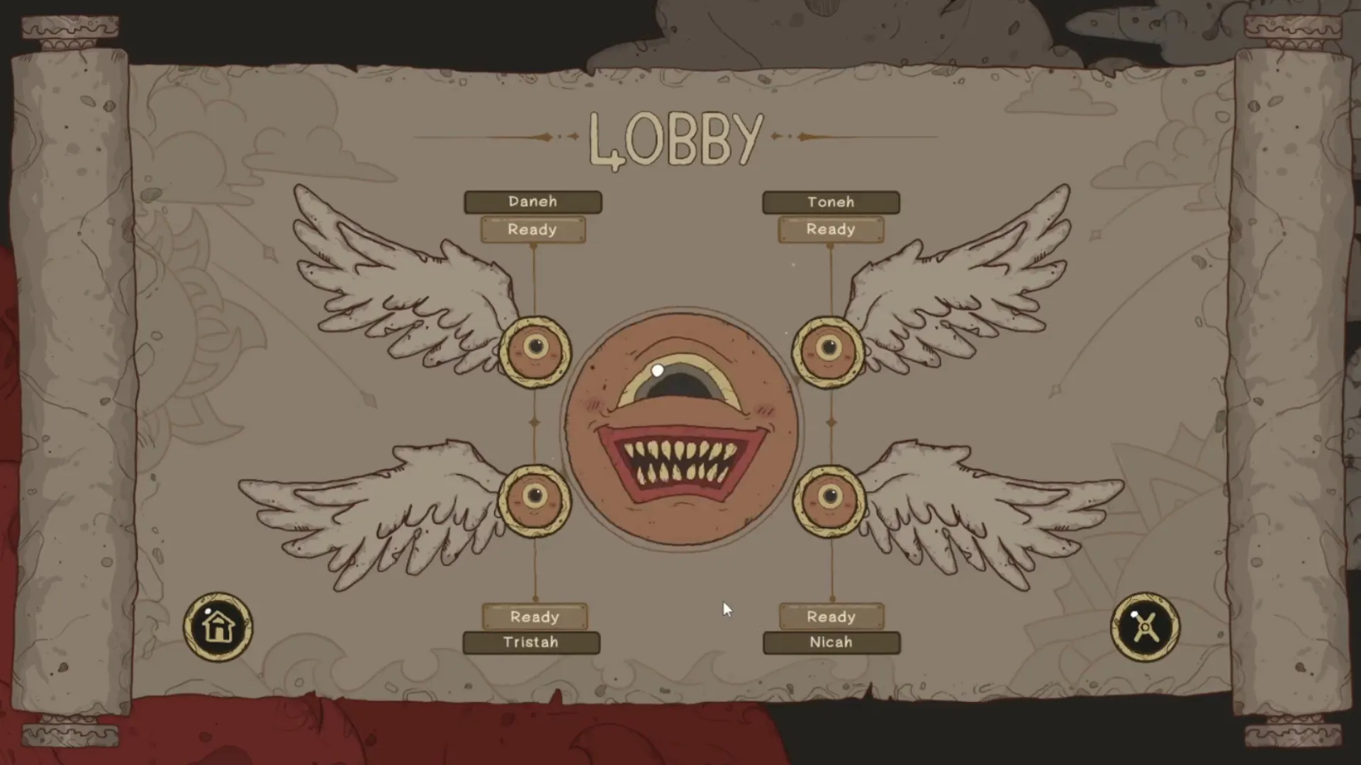 Haphazard Angel: Lobby screen with four players ready, featuring a central face and wing graphics.