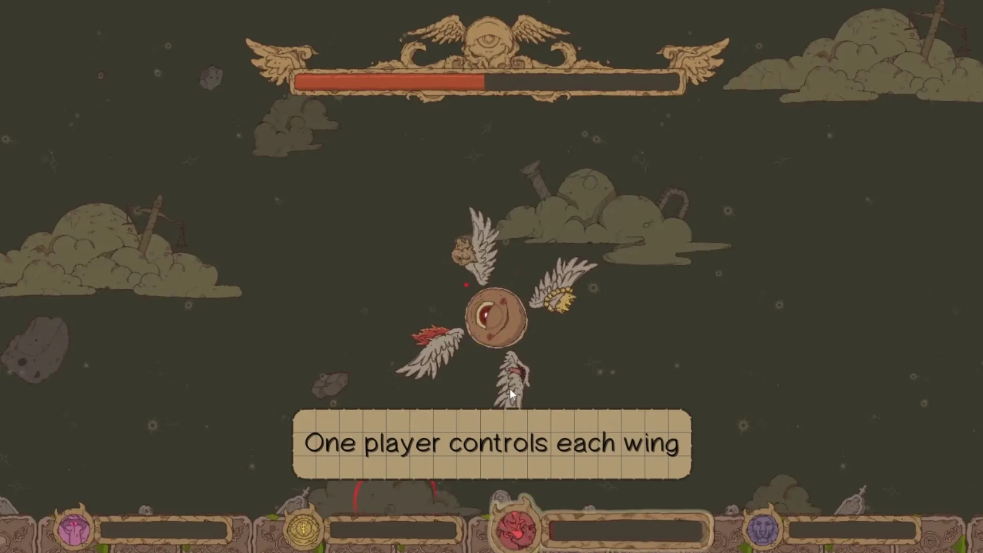 Haphazard Angel: Central eye with four wings in space, player controls shown, health bar at top.