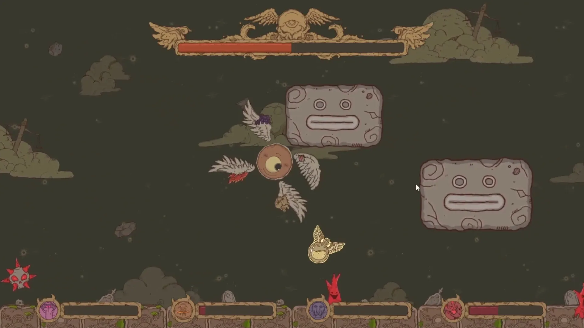 Haphazard Angel: Angel with multiple wings navigates between stone blocks collecting a glowing orb in space