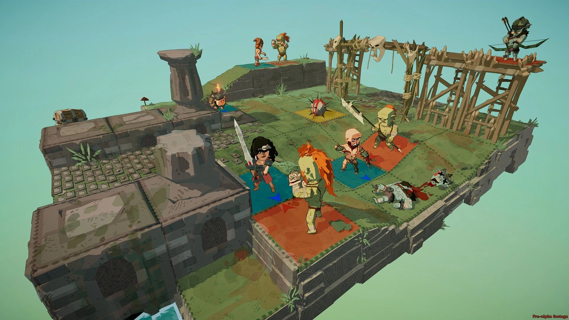 Happy Bastards: Characters engage in turn-based combat on a floating grassy platform with ruins