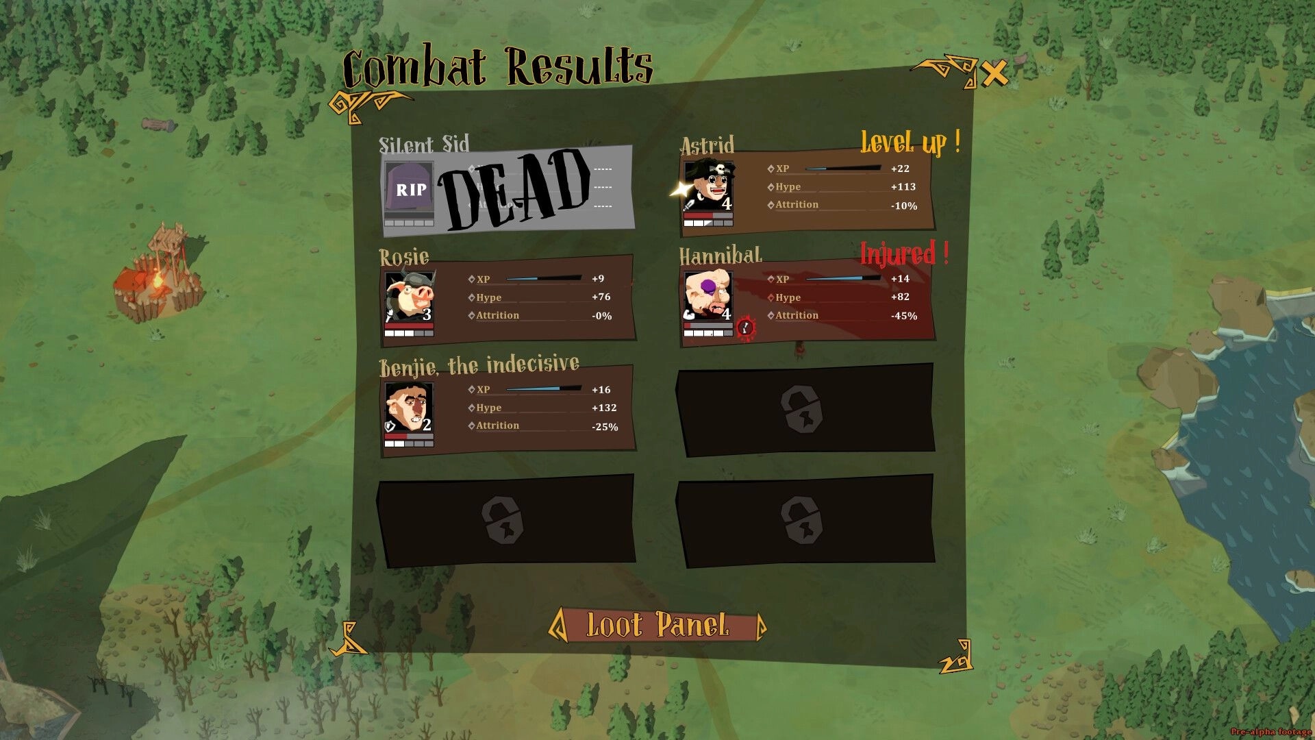 Happy Bastards: Combat results screen showing character stats and status, with forest map background