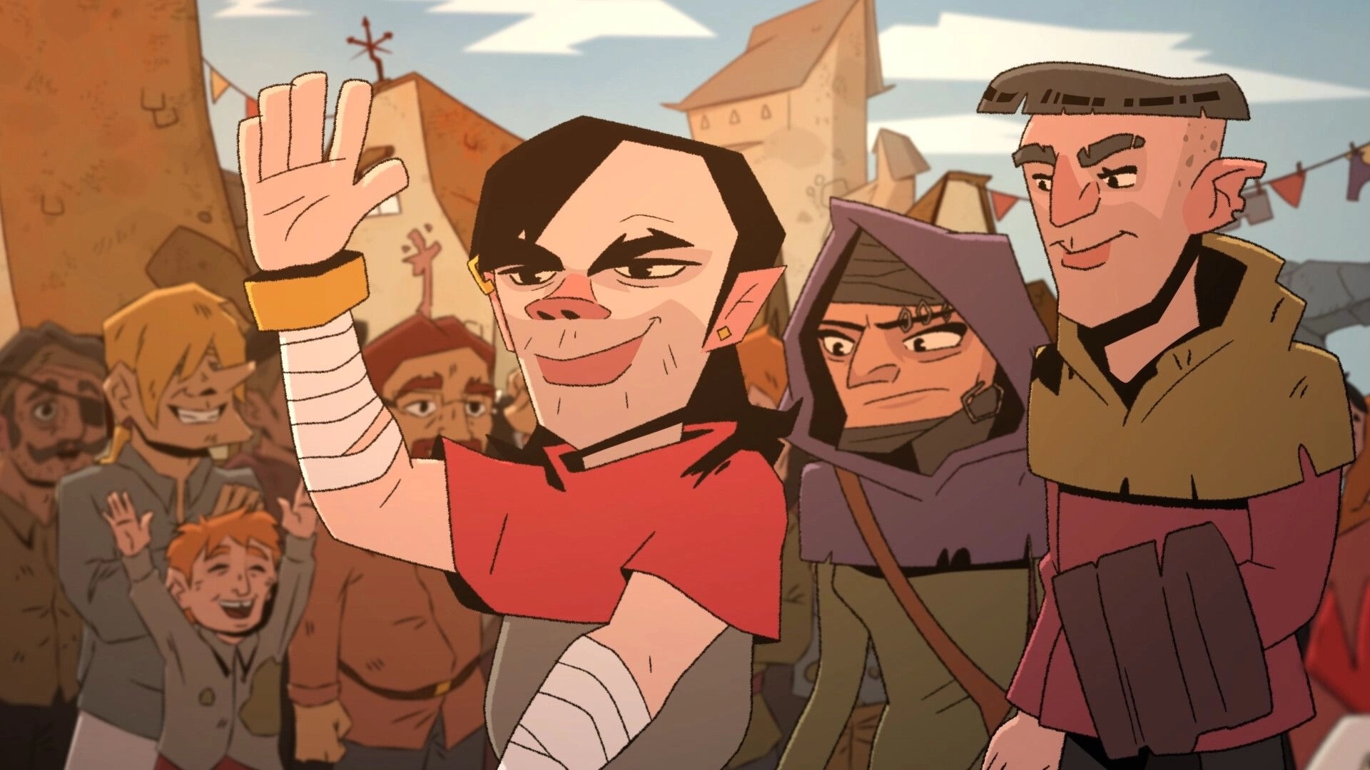 Happy Bastards: Characters waving and smiling in a lively medieval village with cheering townsfolk