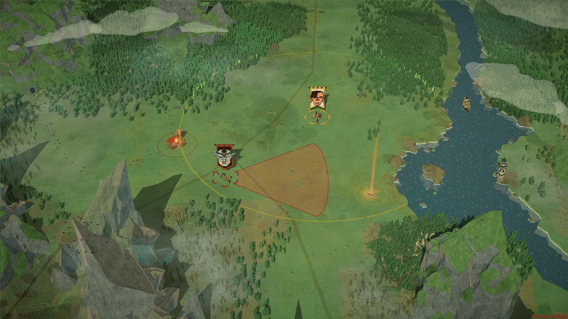 Happy Bastards: Overhead map view with two character icons, exploration paths, and a river crossing.