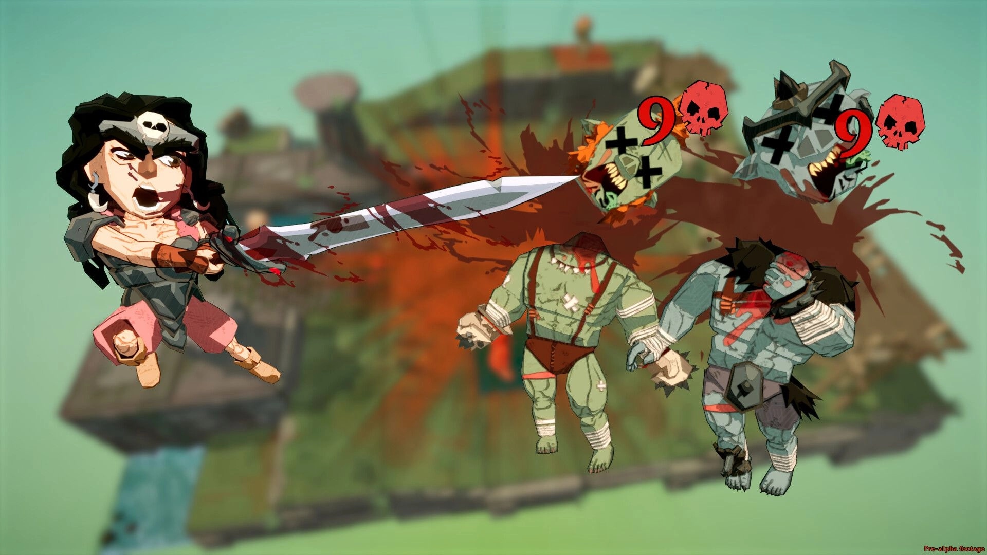Happy Bastards: Warrior decapitating two zombie enemies with a sword in a vibrant battlefield setting