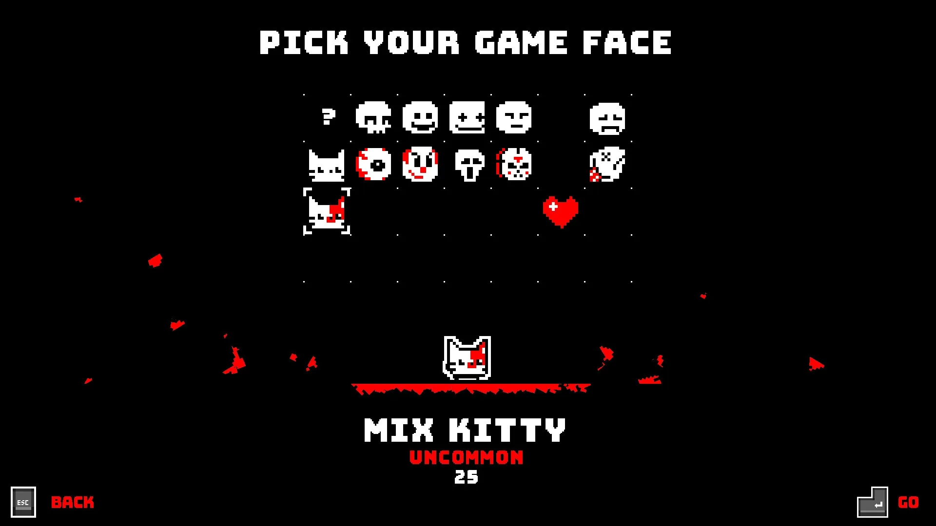 HardAF: Character face selection screen featuring "Mix Kitty" with a heart icon in dark setting