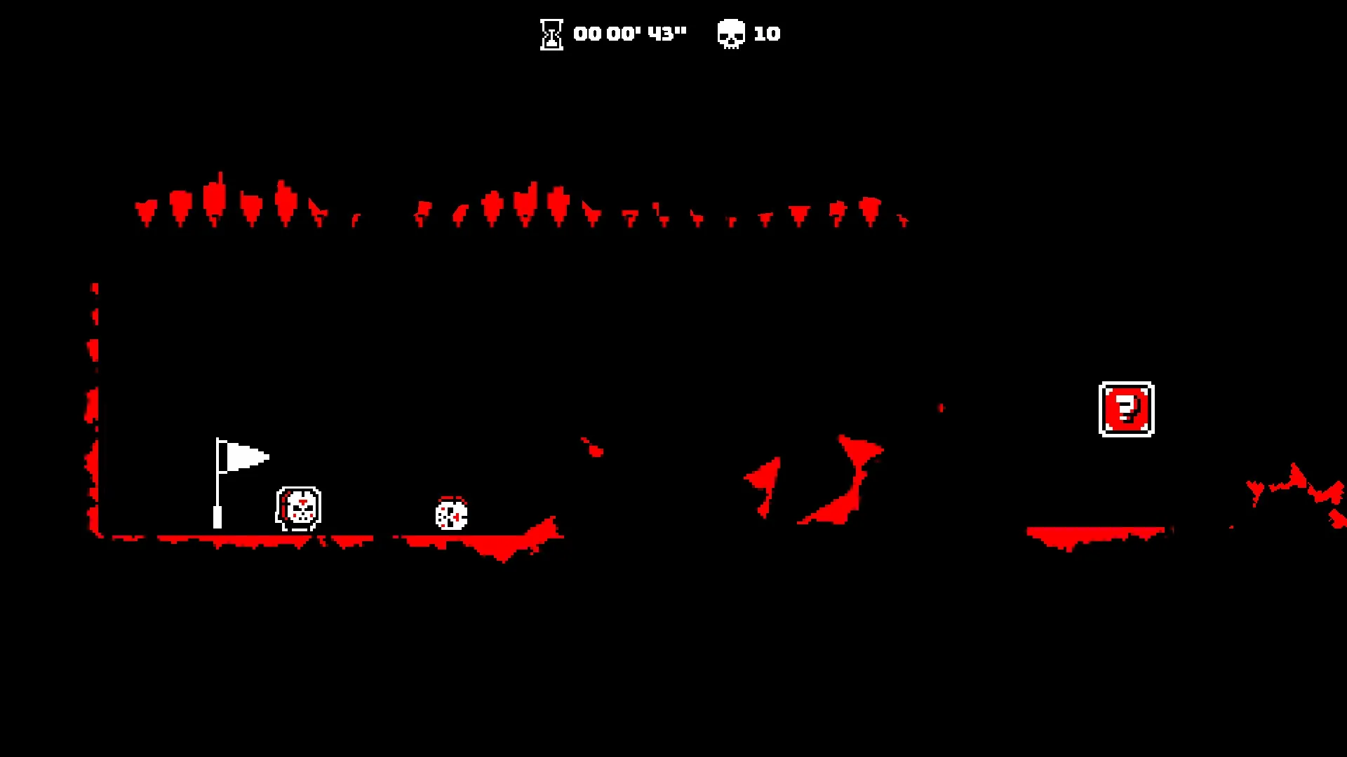 HardAF: Character at checkpoint flag in dark cave with red spikes above, question mark block ahead