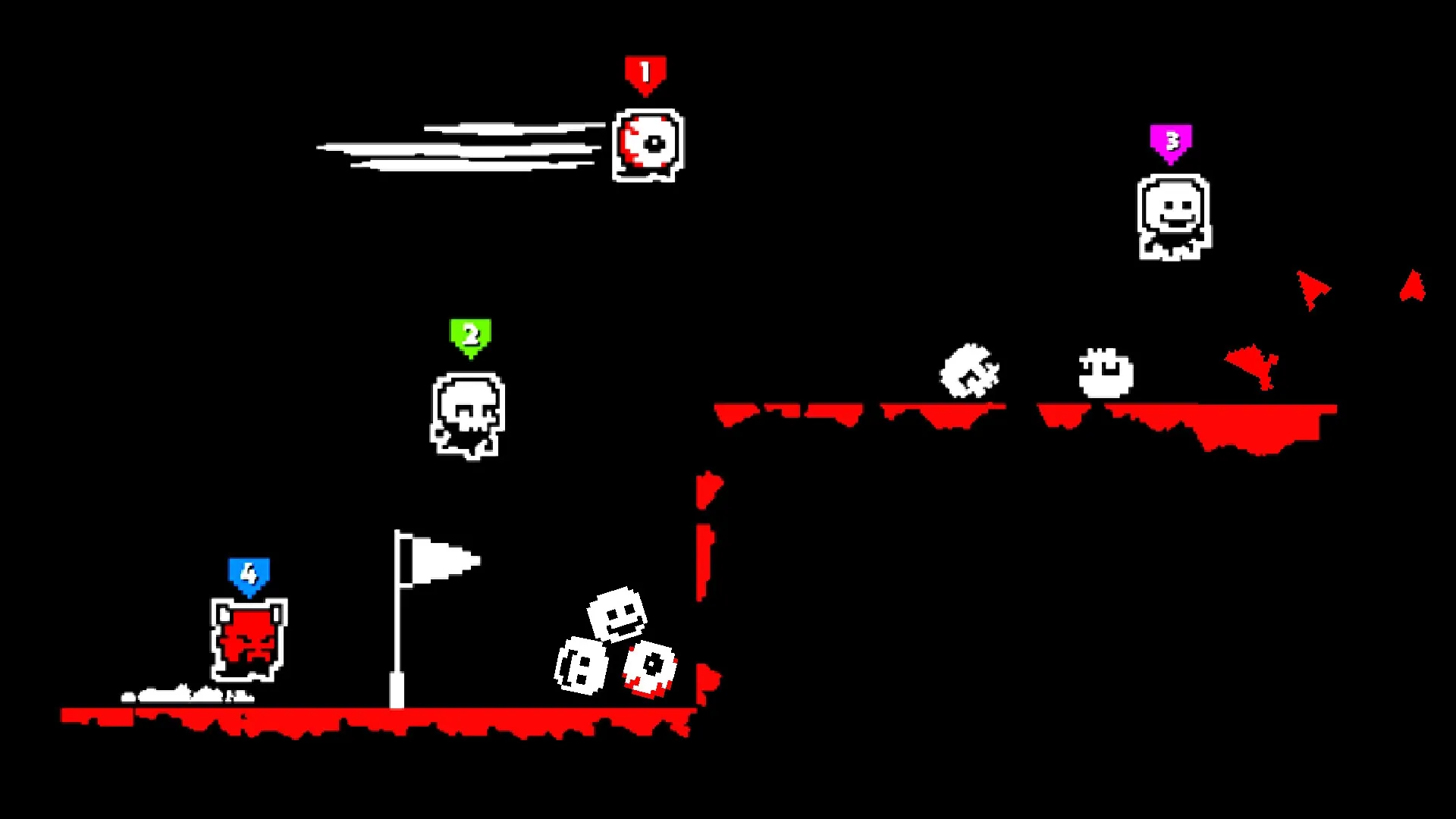 HardAF: Characters jumping across platforms with flag checkpoint in dark, minimalist setting