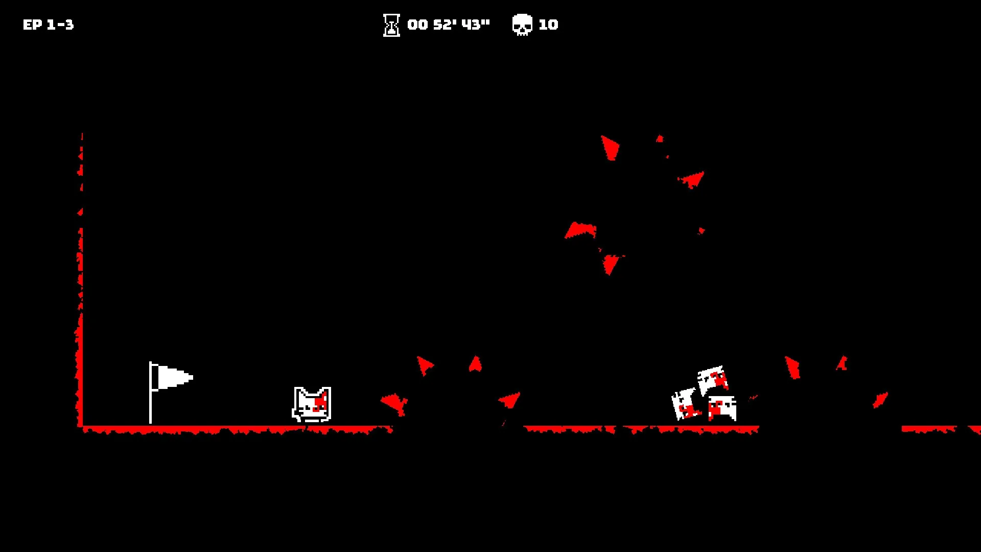 HardAF: Player character near flag and spikes with timer and death count in dark level environment