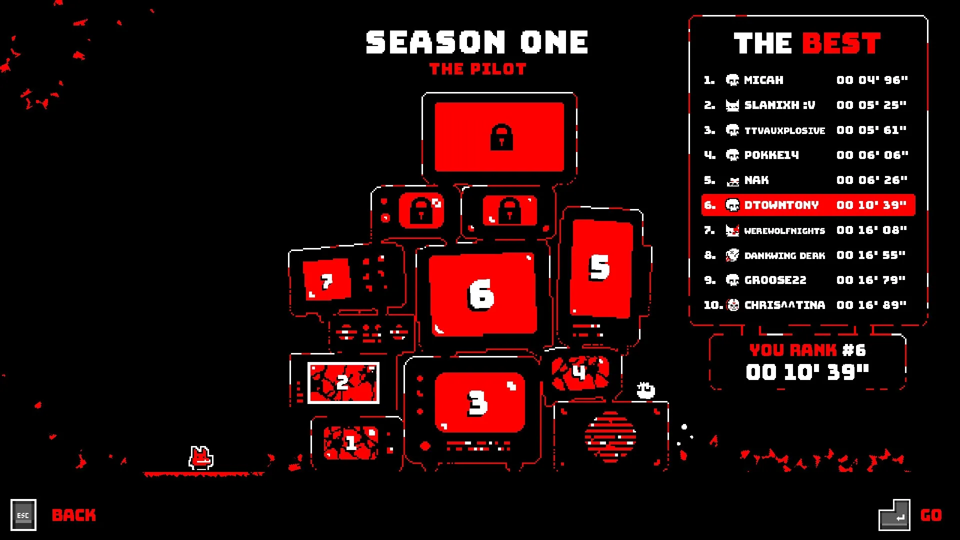 HardAF: Level selection screen with locked levels and leaderboard rankings in dark, pixelated style
