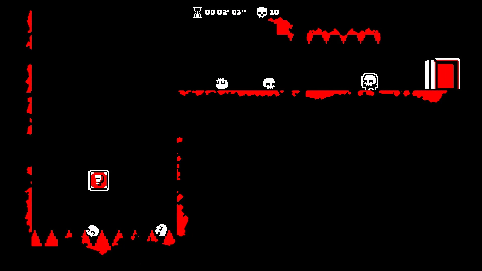 HardAF: Character navigating spikes and skulls toward a red door in a dark platforming level