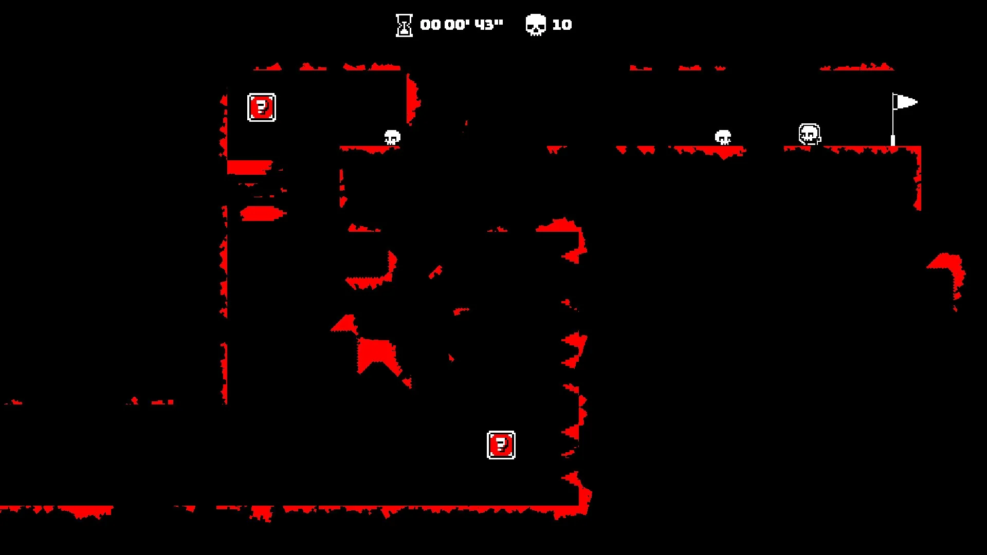 HardAF: Player navigates dark platform with skull icons, question marks, and flag on red-lit terrain