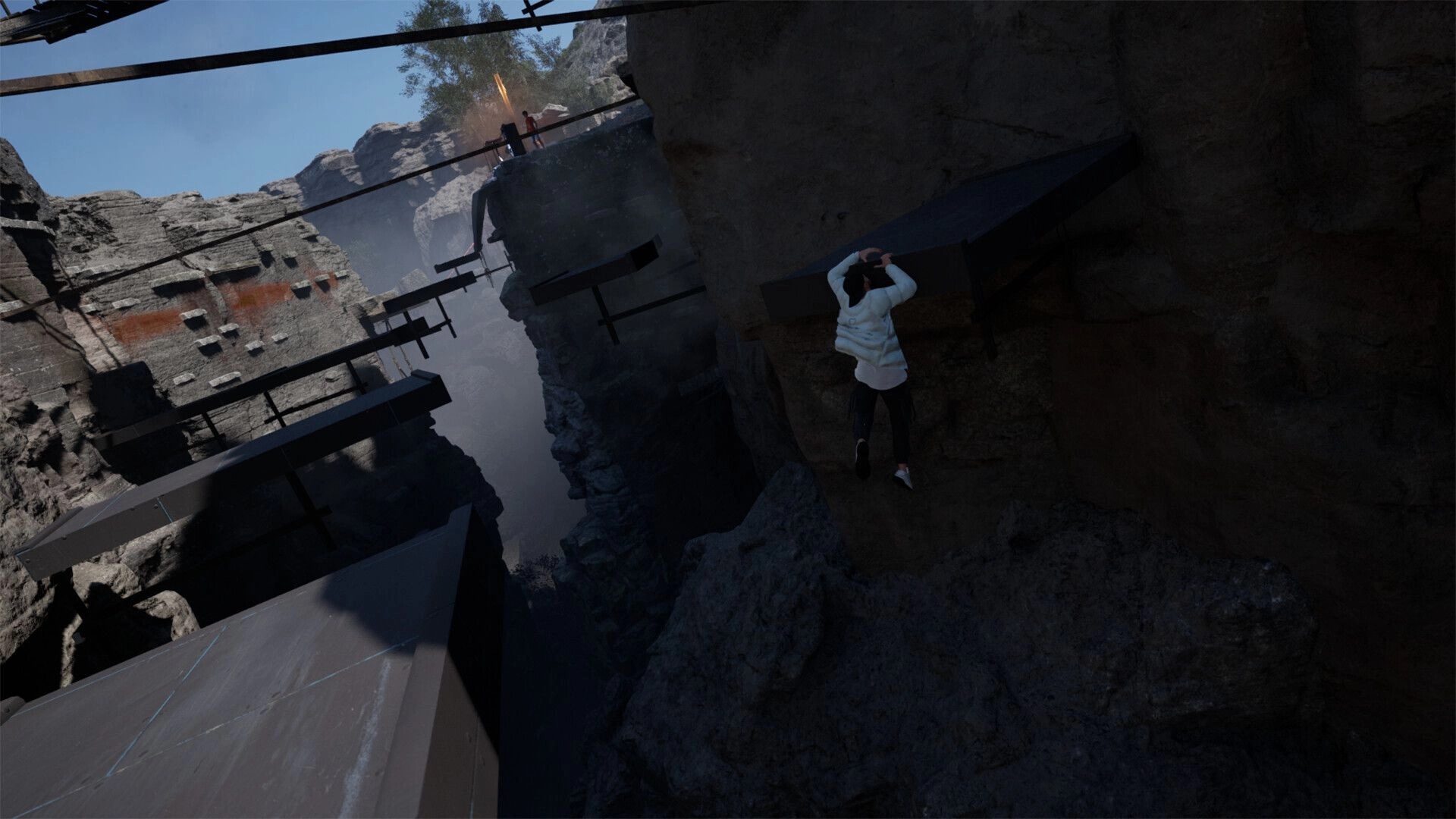 Harder Parkour: Player clings to rocky ledge in canyon, aiming for distant platforms under clear sky.