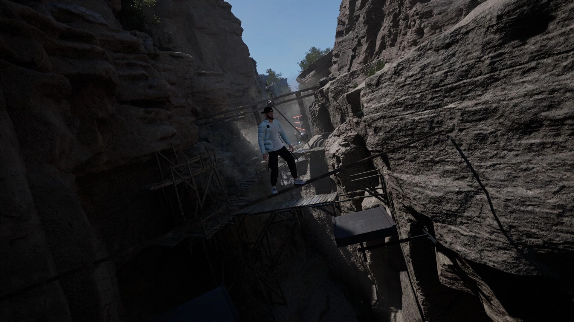 Harder Parkour: Character balances on narrow planks between towering rocky cliffs in a canyon setting