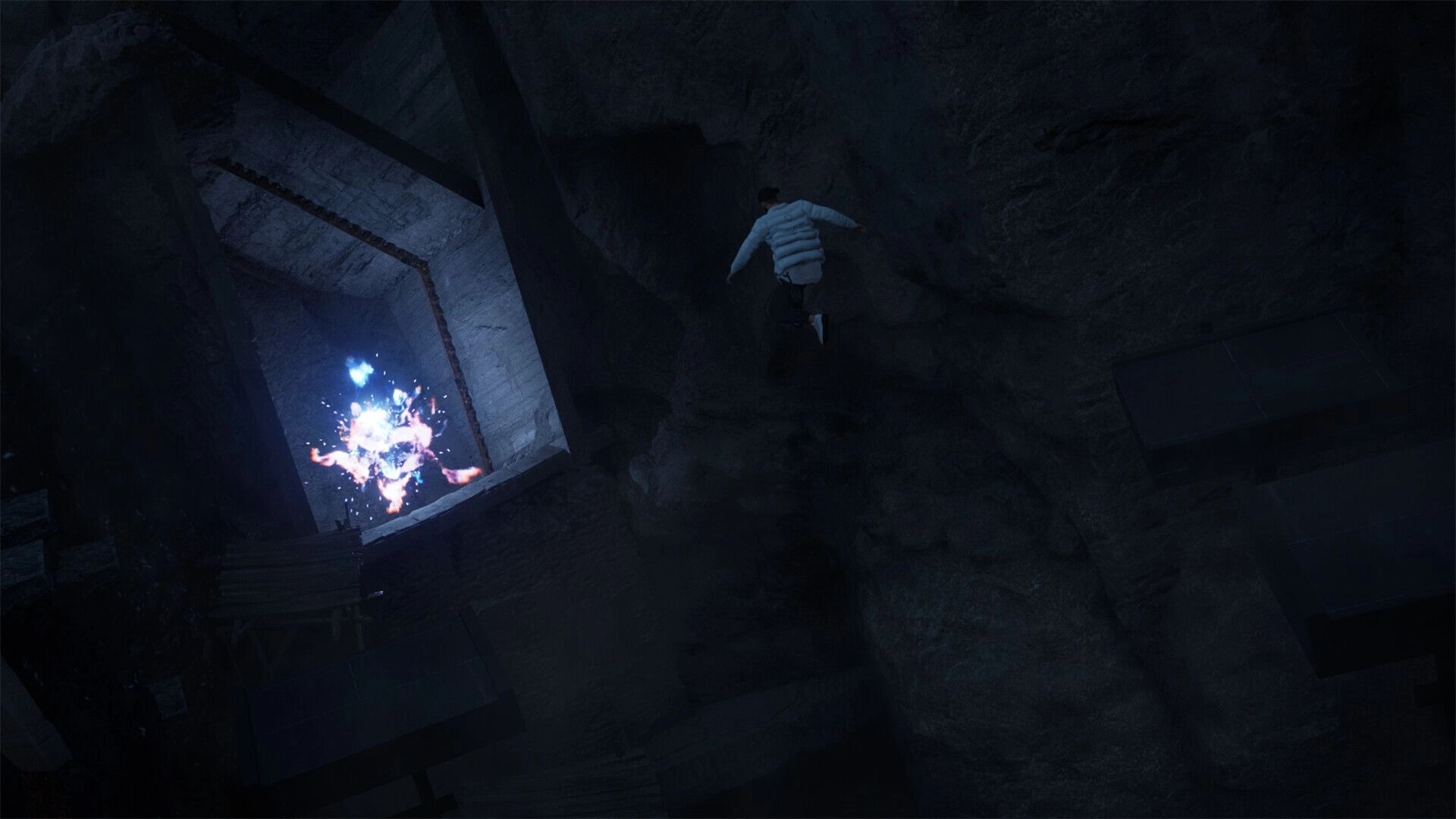 Harder Parkour: Player jumps between rocky platforms in a dark cave with a glowing portal nearby
