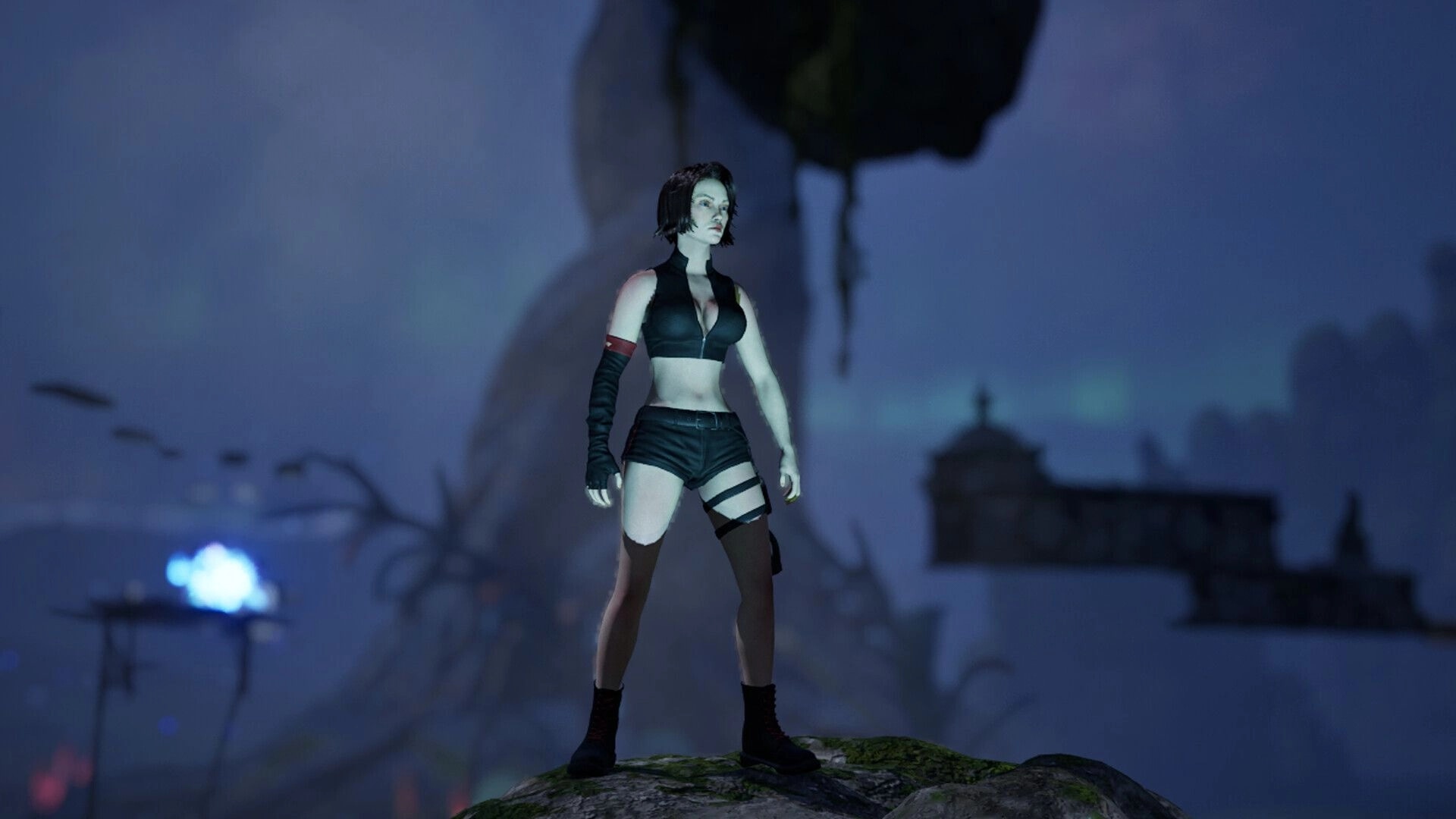 Harder Parkour: Female character stands on rock with dark, twisted landscape and floating platforms behind