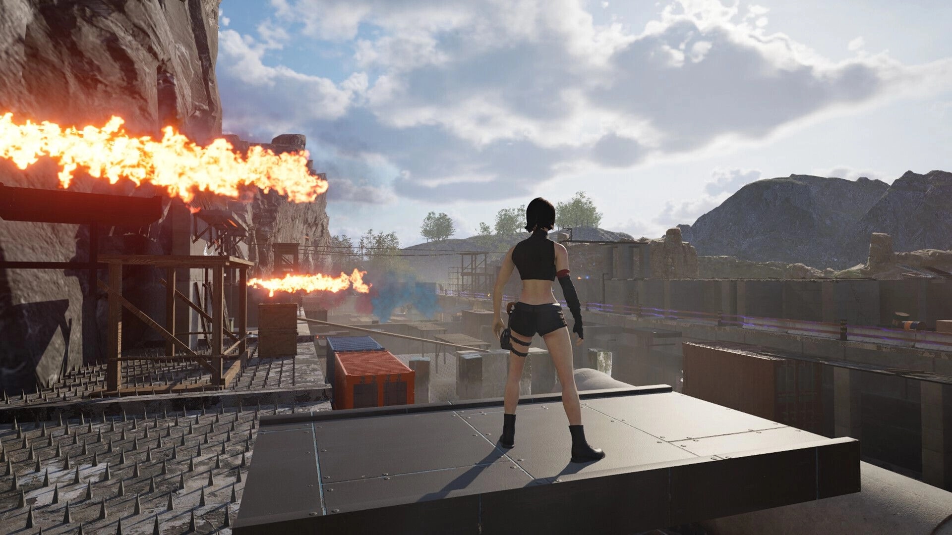 Harder Parkour: Character stands on platform avoiding fire traps in industrial canyon setting.
