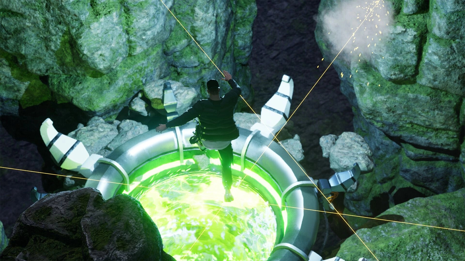 Harder Parkour: Player leaping over glowing green portal in rocky cavern environment