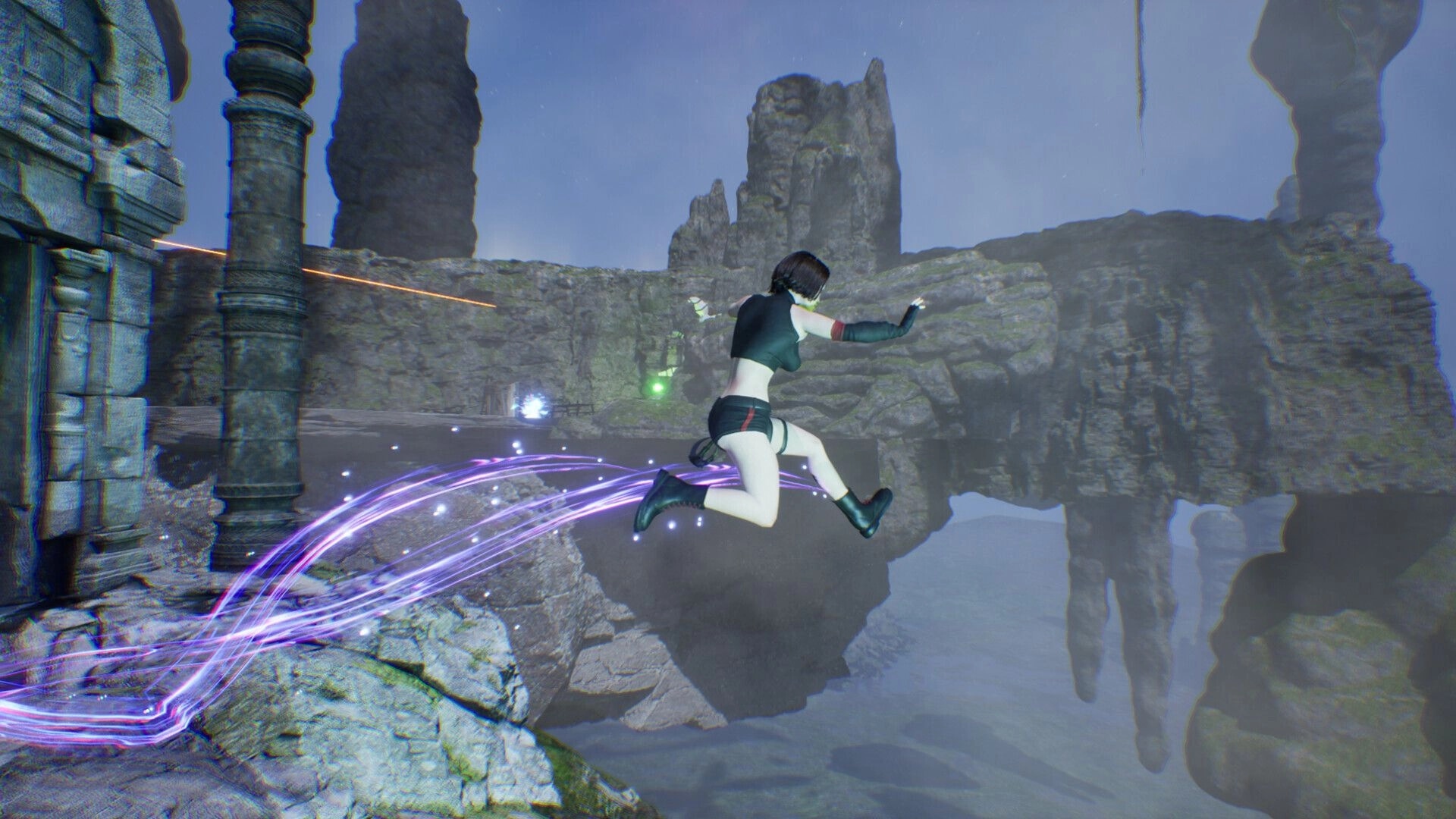Harder Parkour: Character leaping over rocky chasm surrounded by ancient ruins and mystical lights