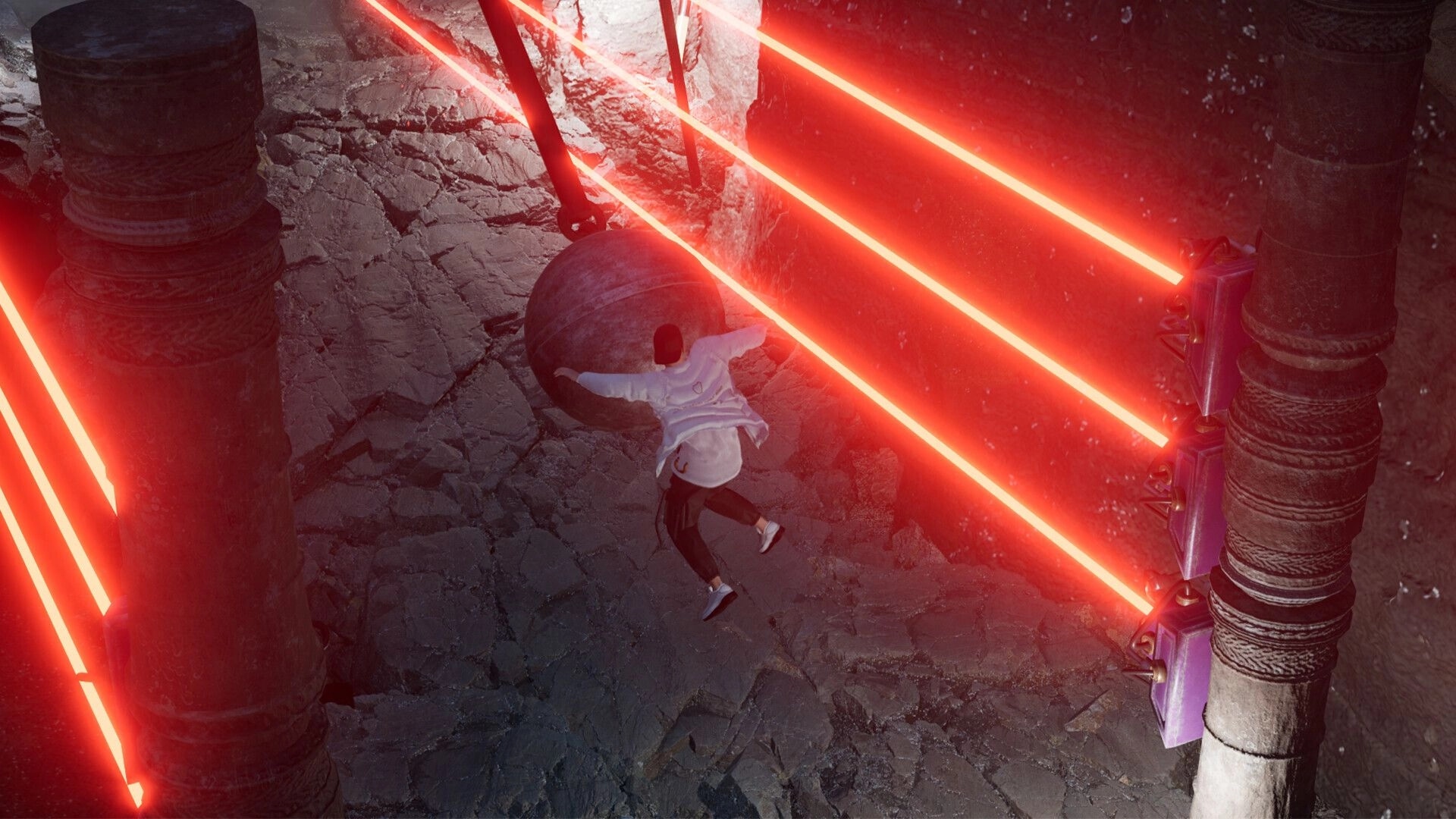 Harder Parkour: Player dodging red laser beams while jumping over a large ball in a dark stone corridor