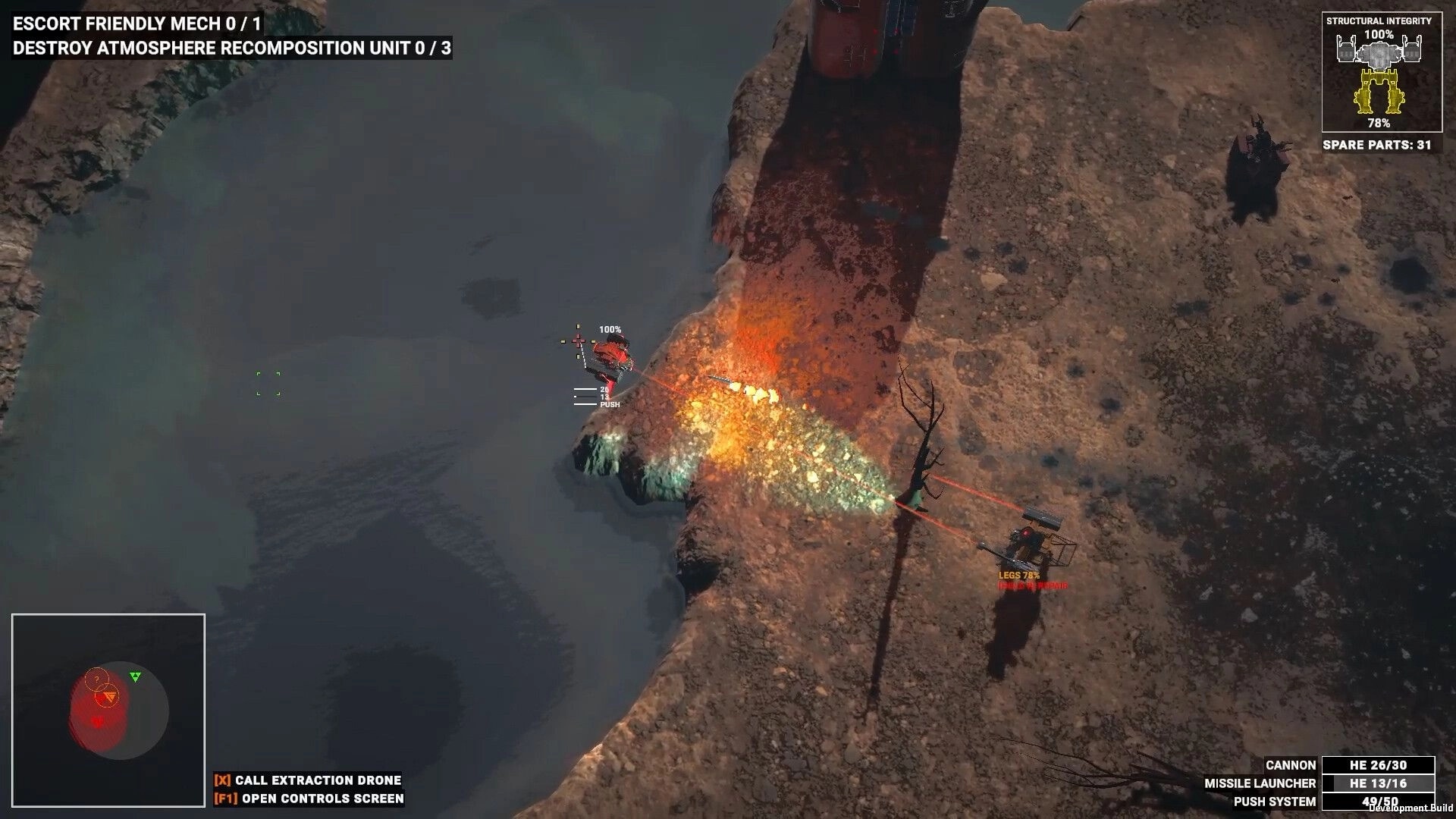 Hardkill System: Mech fires missiles at a target beside a cliff with mission objectives and integrity HUD.