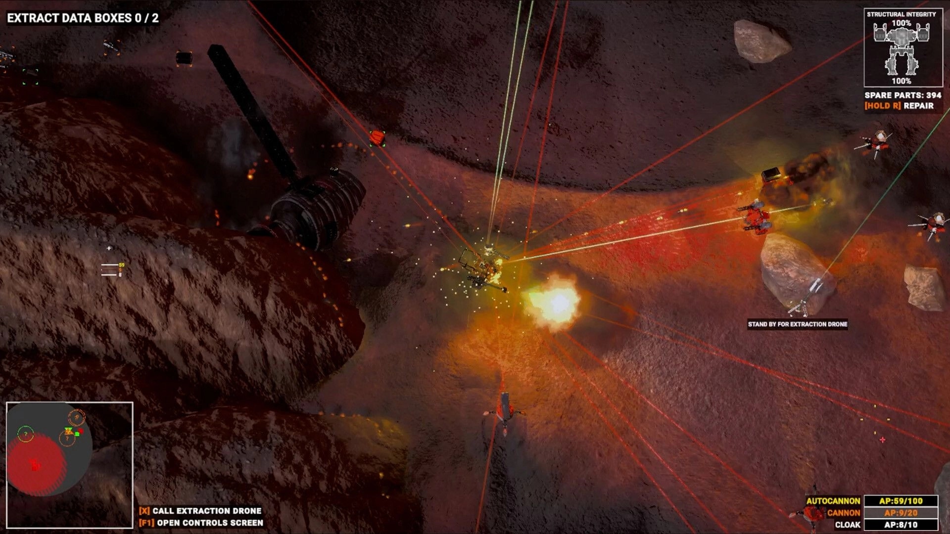 Hardkill System: Mech firefight with laser tracers and explosion, extract objective in rocky crater map.